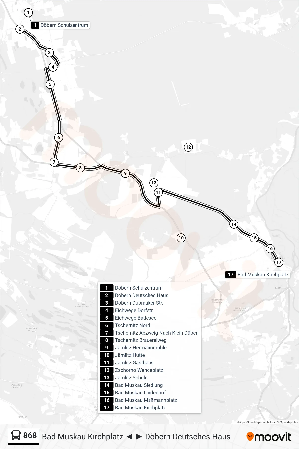 868 bus Line (Bad Muskau Kirchplatz) route and stops on a map