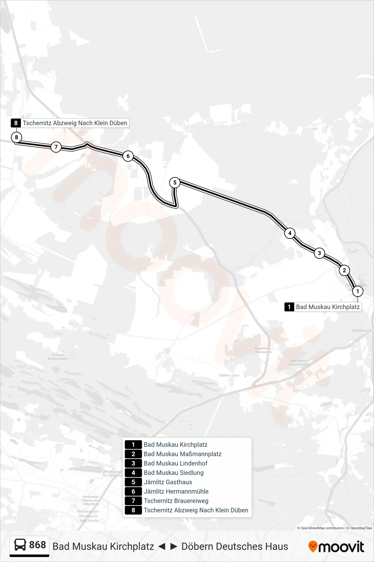 868 bus Line (Tschernitz Abzweig Nach Klein Düben) route and stops on a map