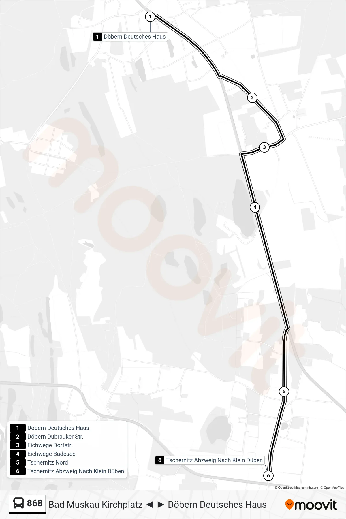 868 bus Line (Tschernitz Abzweig Nach Klein Düben) route and stops on a map