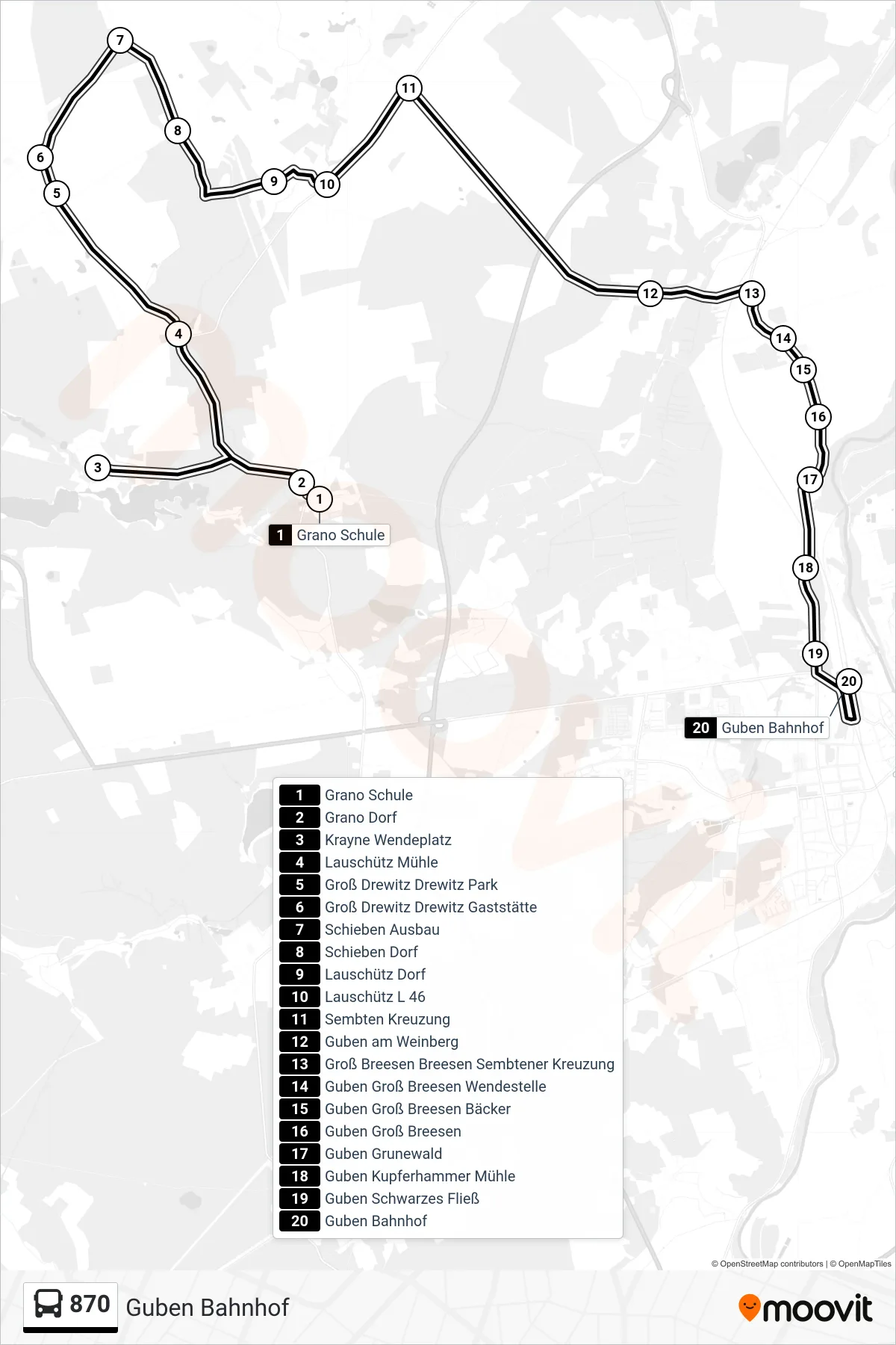 Linie 870 (Bus) Richtung Guben Bahnhof: Route und Haltestellen auf der Karte