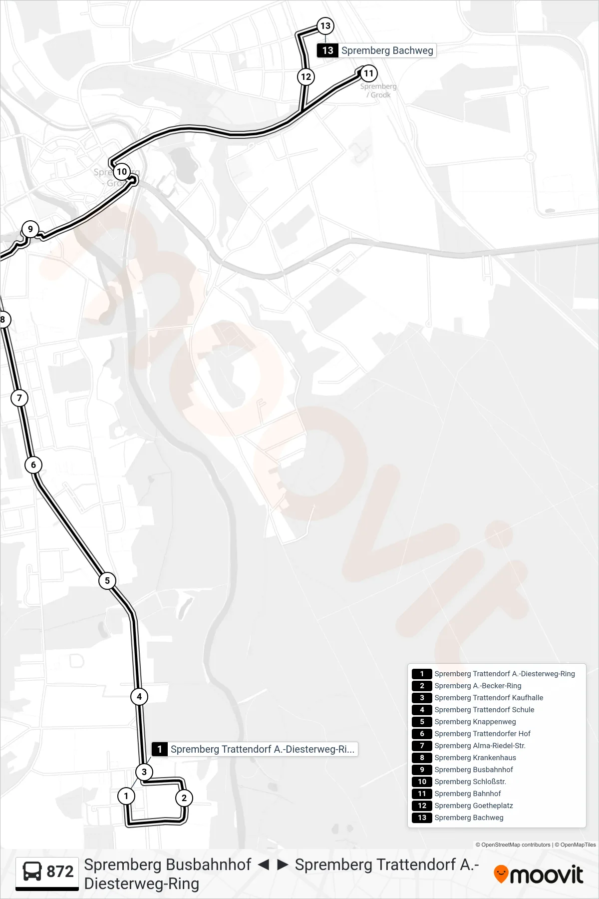 Linie 872 (Bus) Richtung Spremberg Bachweg: Route und Haltestellen auf der Karte