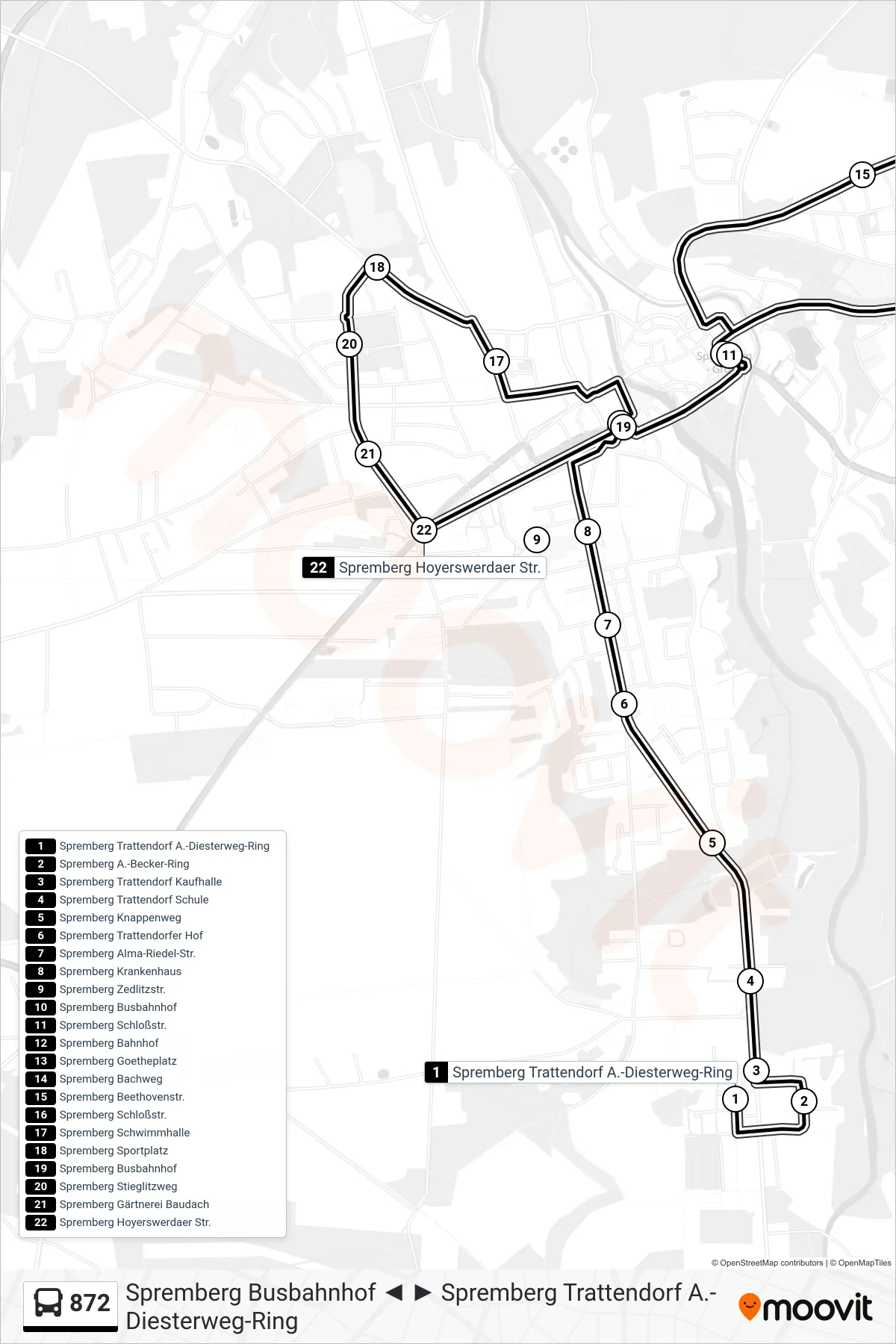 Linie 872 (Bus) Richtung Spremberg Busbahnhof: Route und Haltestellen auf der Karte