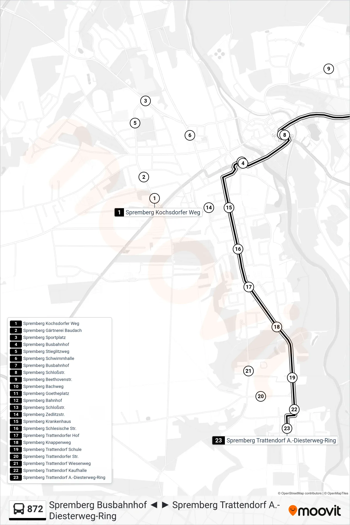 Linie 872 (Bus) Richtung Spremberg Trattendorf A.-Diesterweg-Ring: Route und Haltestellen auf der Karte