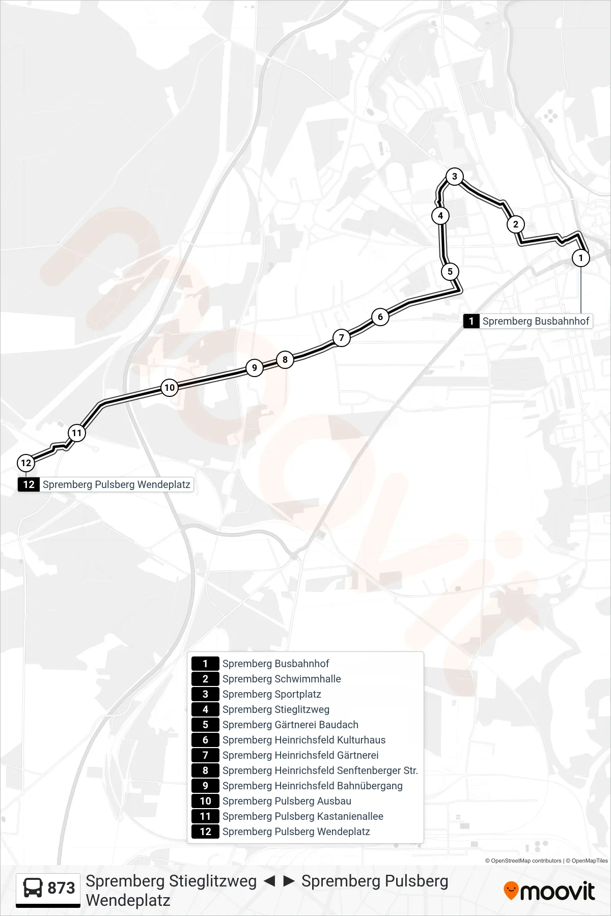 Linie 873 (Bus) Richtung Spremberg Pulsberg Wendeplatz: Route und Haltestellen auf der Karte