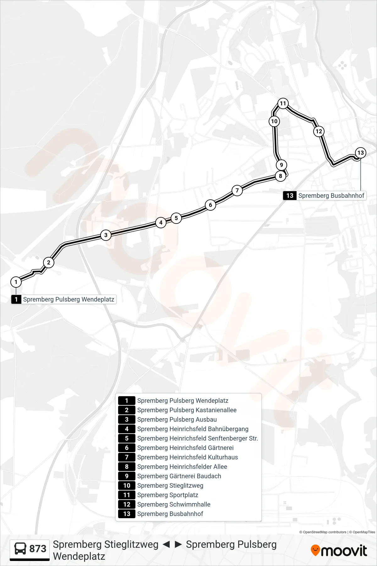 873 bus Line (Spremberg Busbahnhof) route and stops on a map