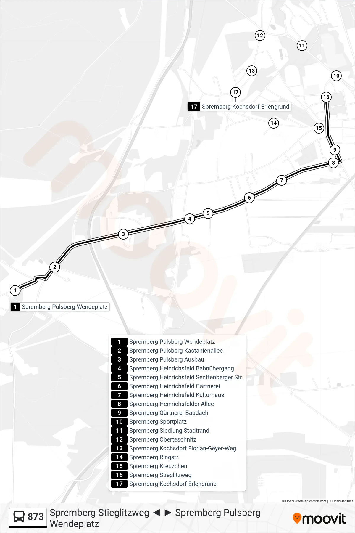 Linie 873 (Bus) Richtung Spremberg Stieglitzweg: Route und Haltestellen auf der Karte