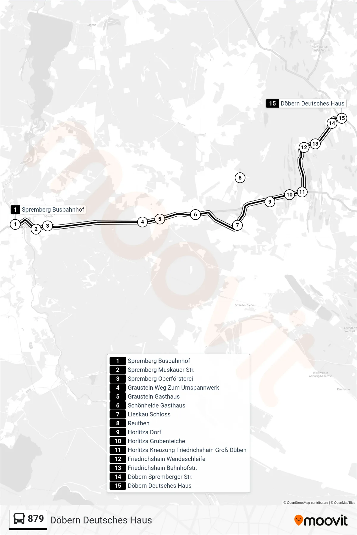 Linie 879 (Bus) Richtung Döbern Deutsches Haus: Route und Haltestellen auf der Karte
