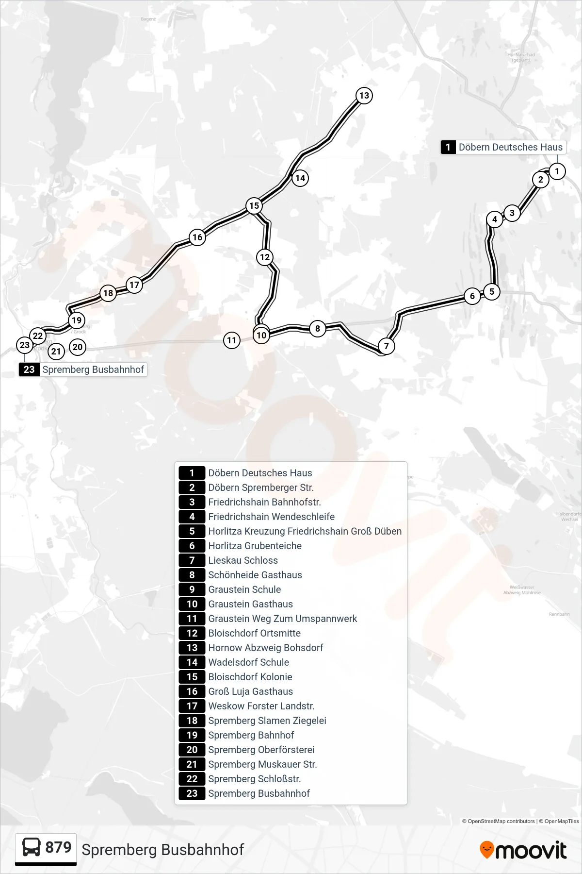 879 bus Line (Spremberg Busbahnhof) route and stops on a map