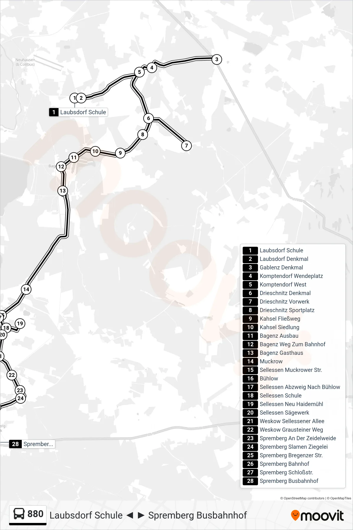 Linie 880 (Bus) Richtung Spremberg Busbahnhof: Route und Haltestellen auf der Karte