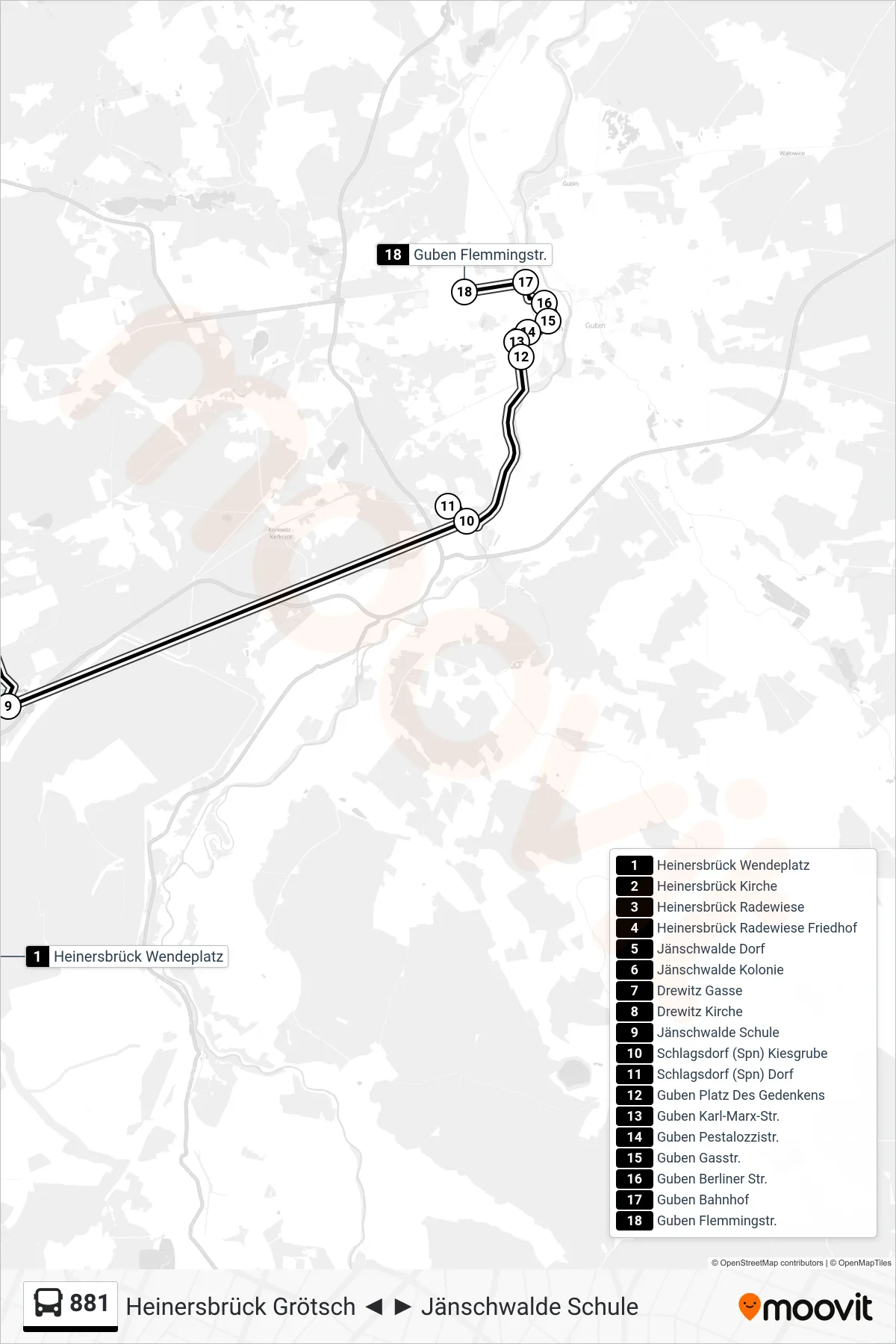 Linie 881 (Bus) Richtung Guben Flemmingstr.: Route und Haltestellen auf der Karte