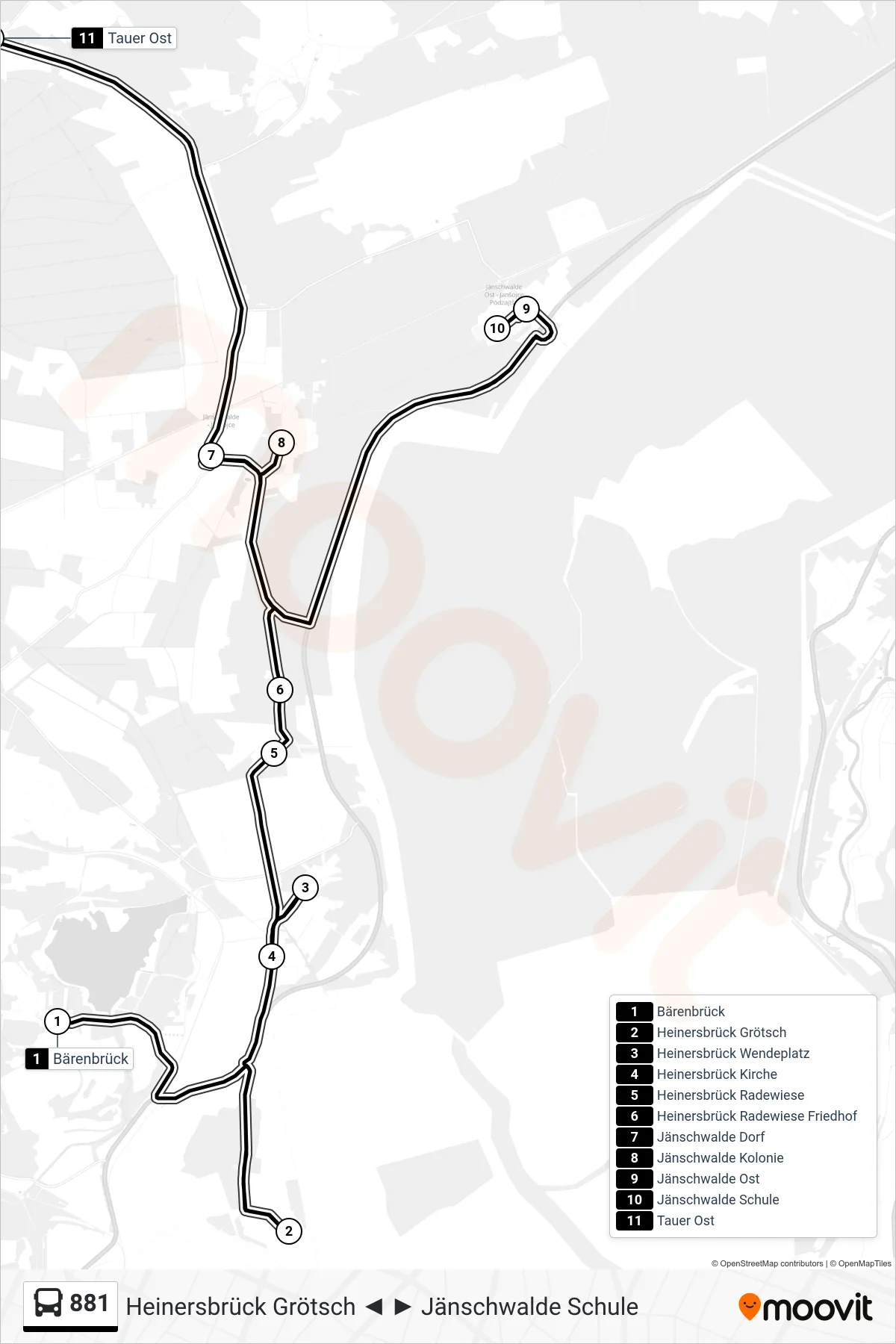 881 bus Line (Tauer Ost) route and stops on a map
