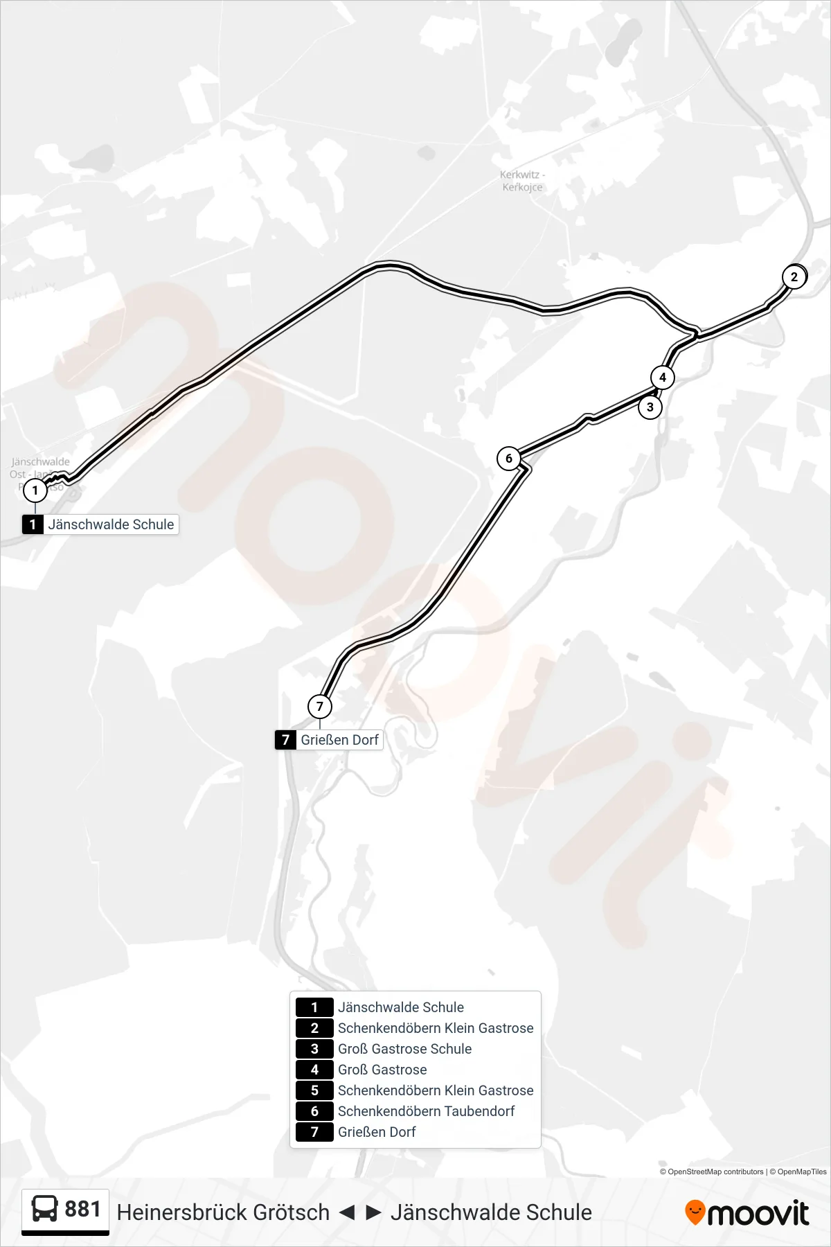 Linie 881 (Bus) Richtung Grießen Dorf: Route und Haltestellen auf der Karte