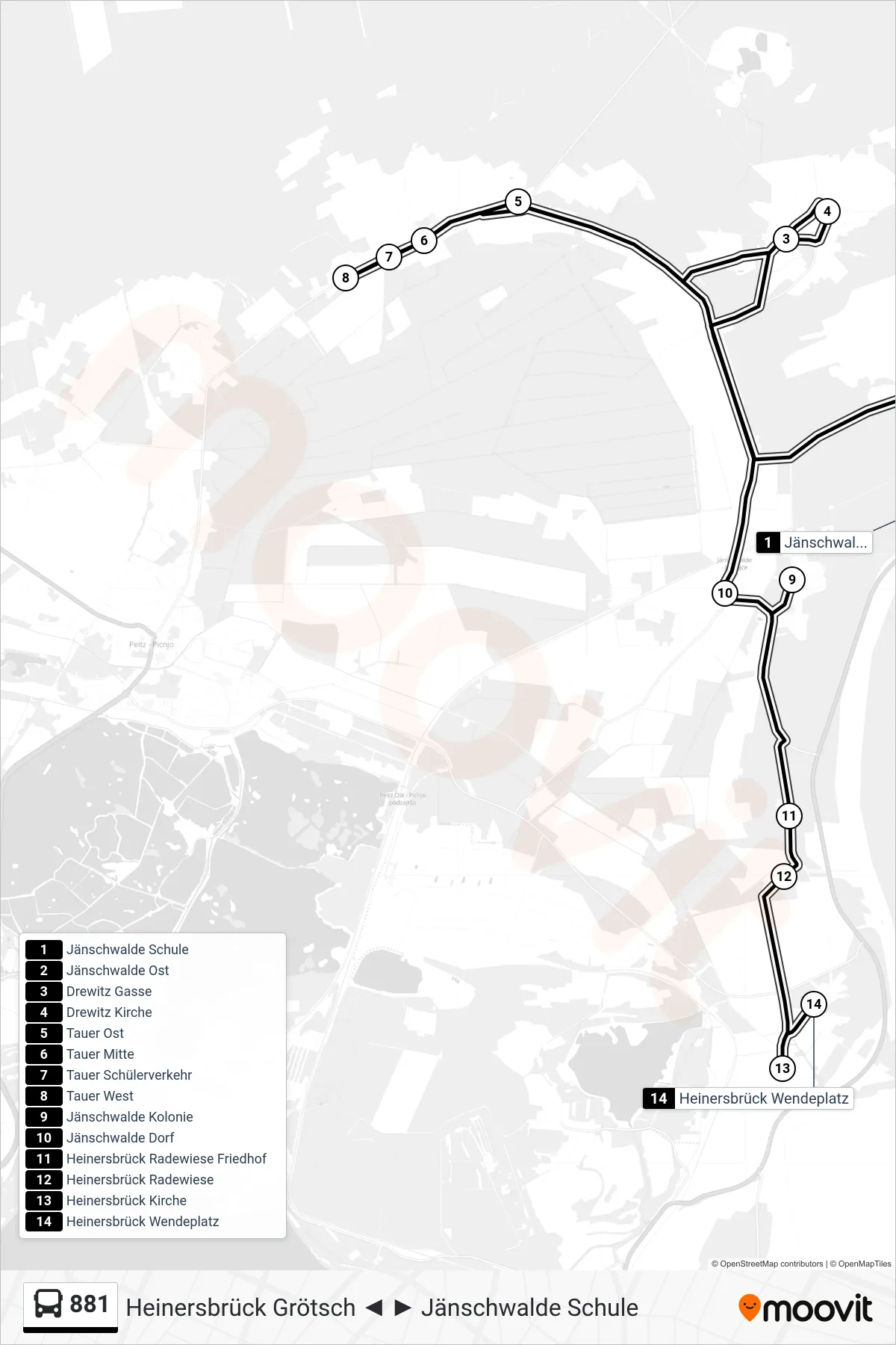 Linie 881 (Bus) Richtung Heinersbrück Wendeplatz: Route und Haltestellen auf der Karte