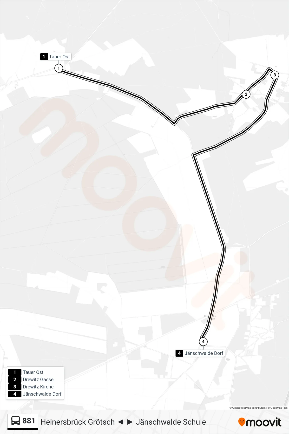 Linie 881 (Bus) Richtung Jänschwalde Dorf: Route und Haltestellen auf der Karte