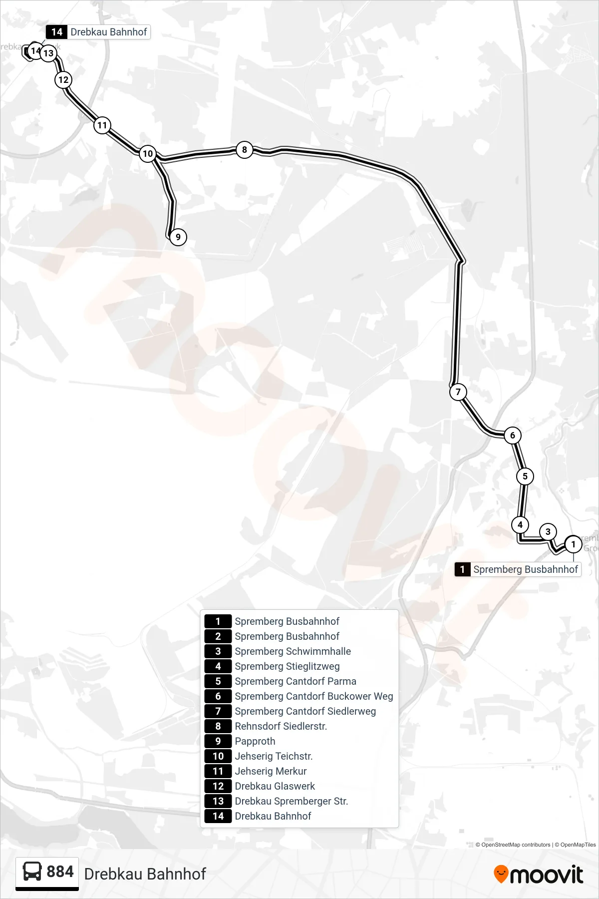 Linie 884 (Bus) Richtung Drebkau Bahnhof: Route und Haltestellen auf der Karte