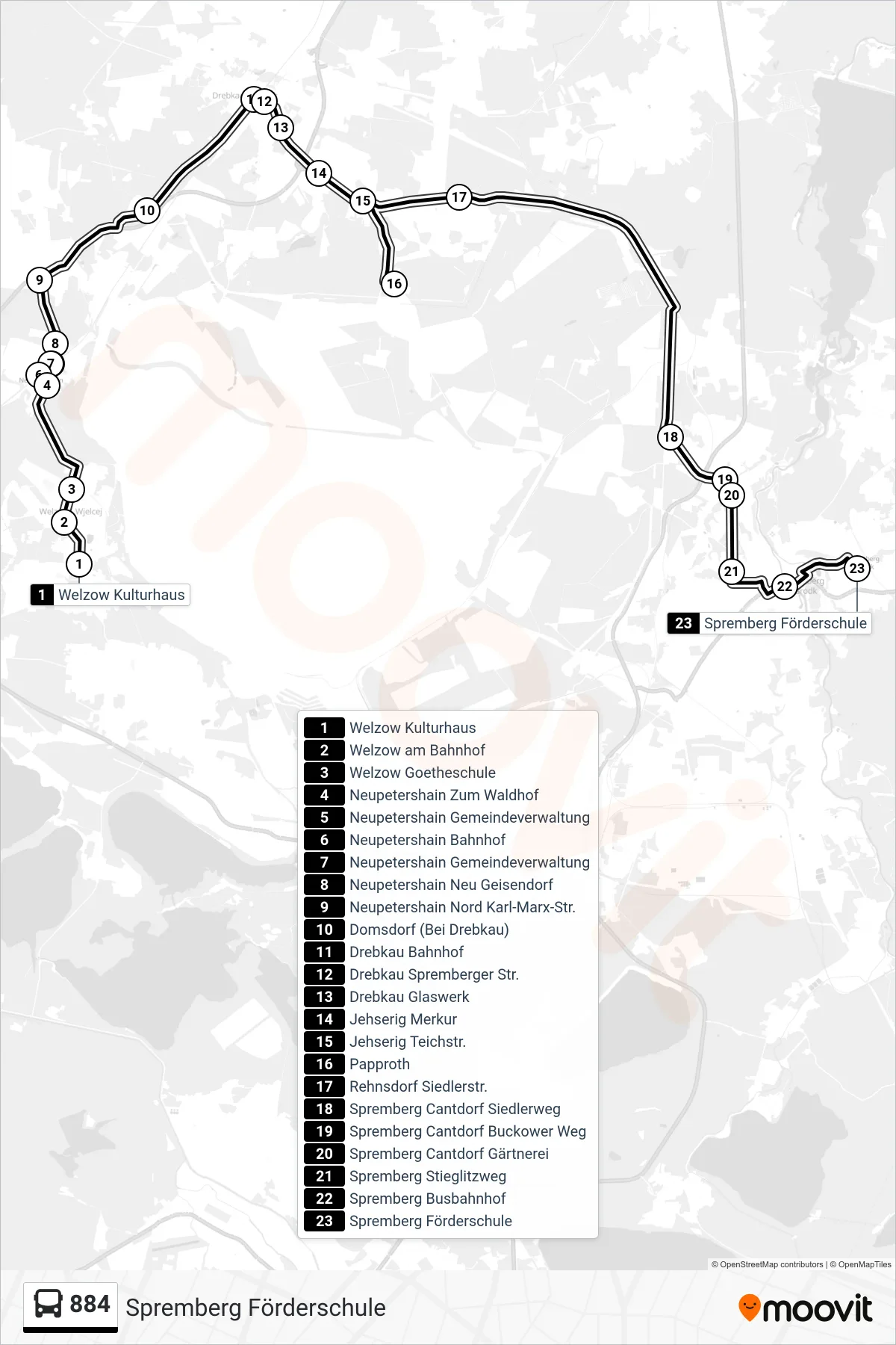884 bus Line (Spremberg Förderschule) route and stops on a map