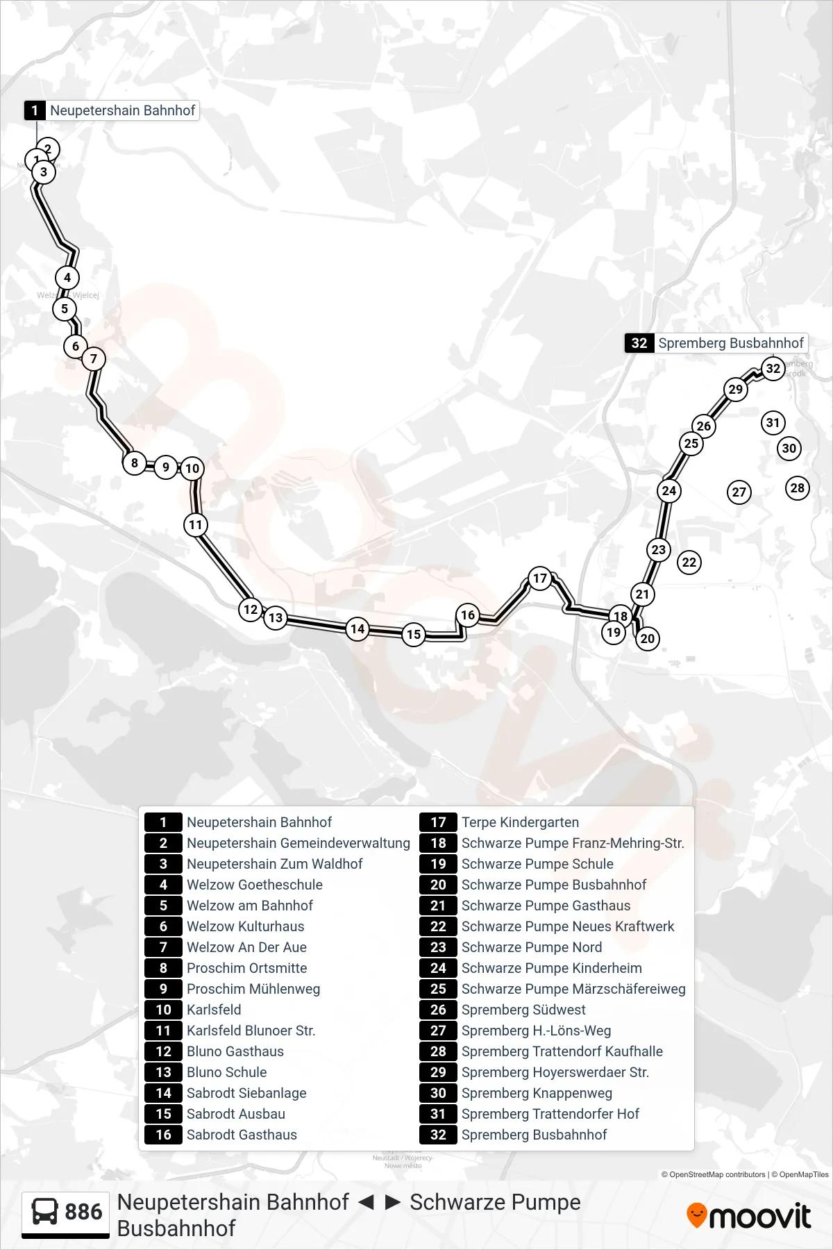 886 bus Line (Spremberg Busbahnhof) route and stops on a map
