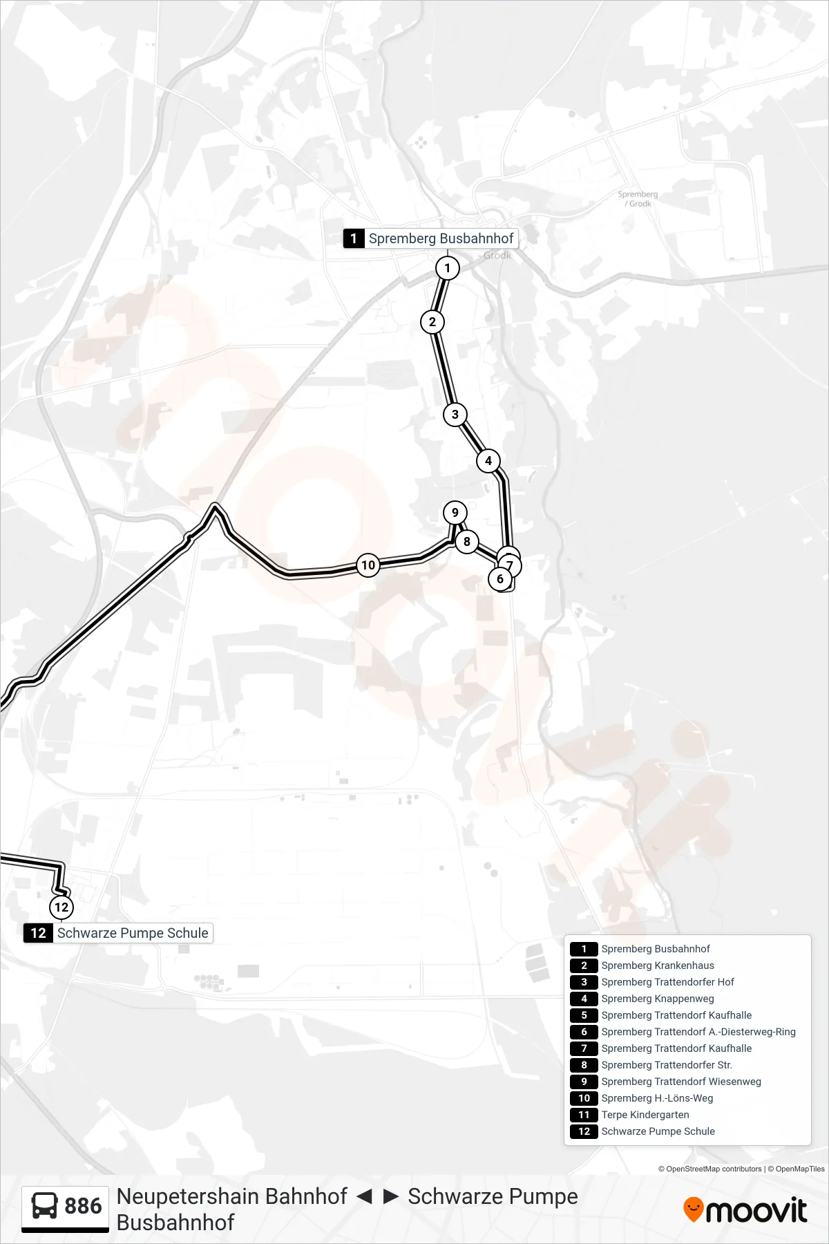 886 bus Line (Schwarze Pumpe Schule) route and stops on a map
