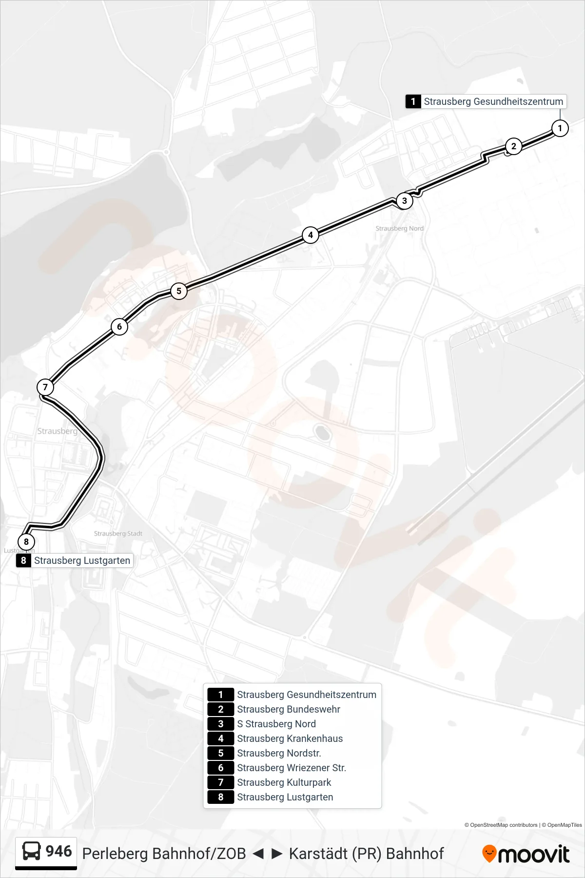 Linie 946 (Bus) Richtung Strausberg Lustgarten: Route und Haltestellen auf der Karte