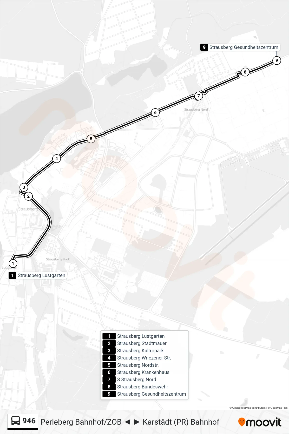 Linie 946 (Bus) Richtung Strausberg Gesundheitszentrum: Route und Haltestellen auf der Karte