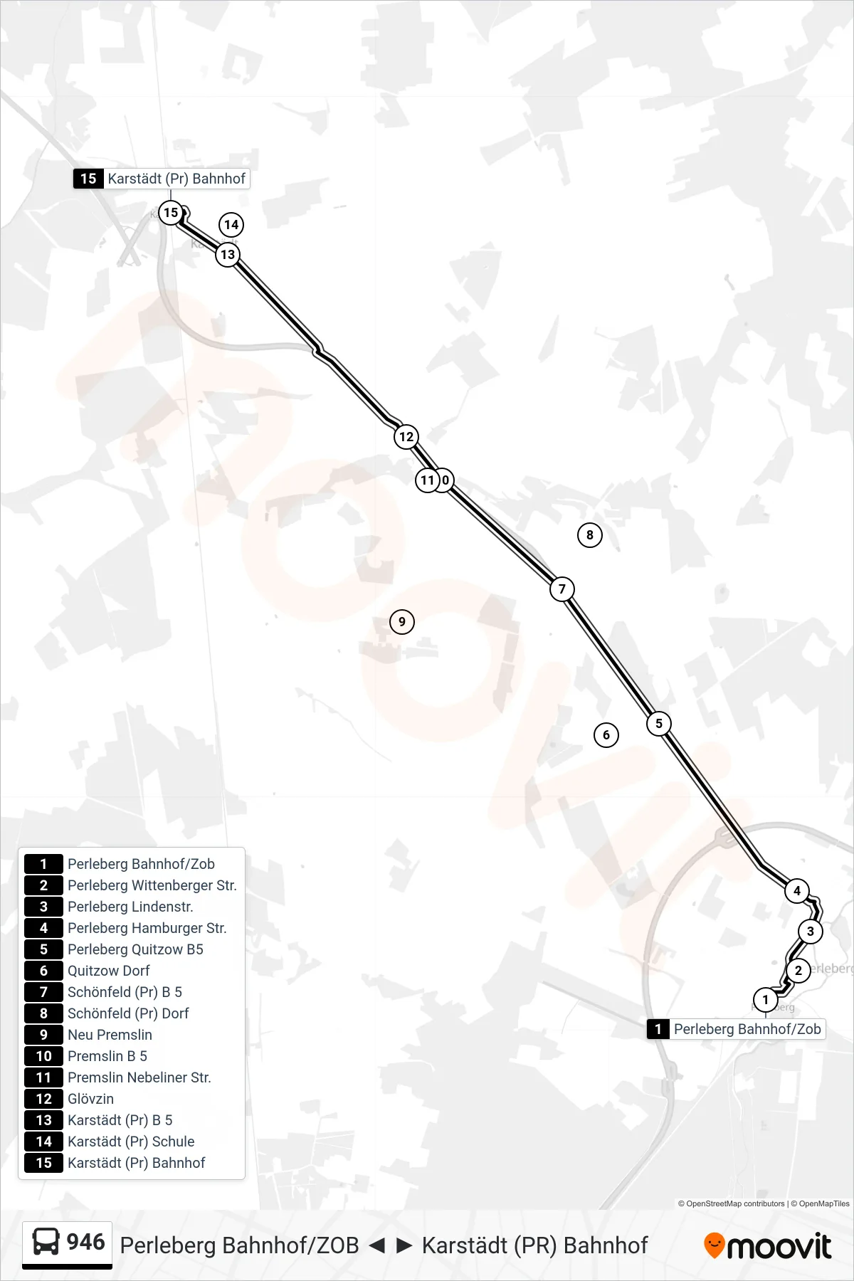 Linie 946 (Bus) Richtung Karstädt (Pr) Bahnhof: Route und Haltestellen auf der Karte