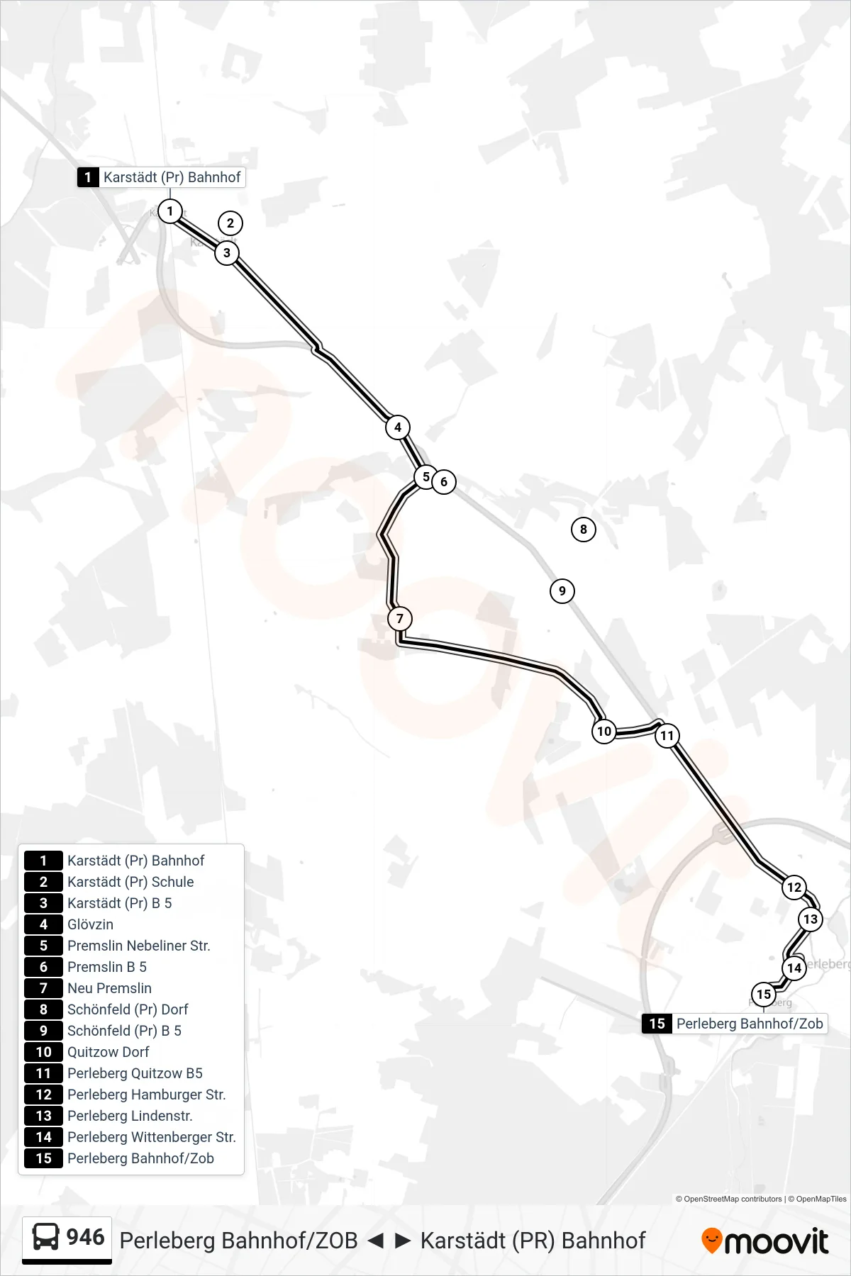 Linie 946 (Bus) Richtung Perleberg Bahnhof/Zob: Route und Haltestellen auf der Karte