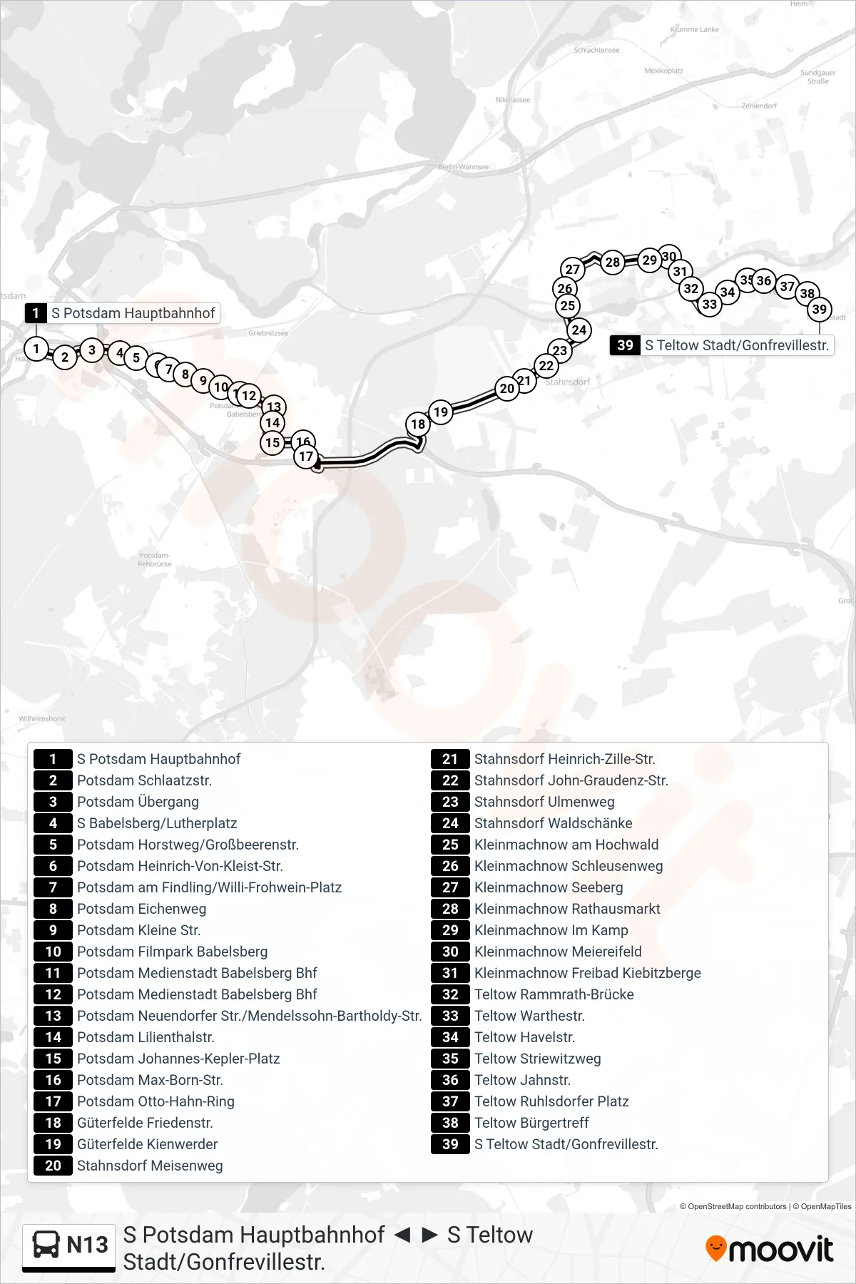 Linie N13 (Bus) Richtung S Teltow Stadt/Gonfrevillestr.: Route und Haltestellen auf der Karte