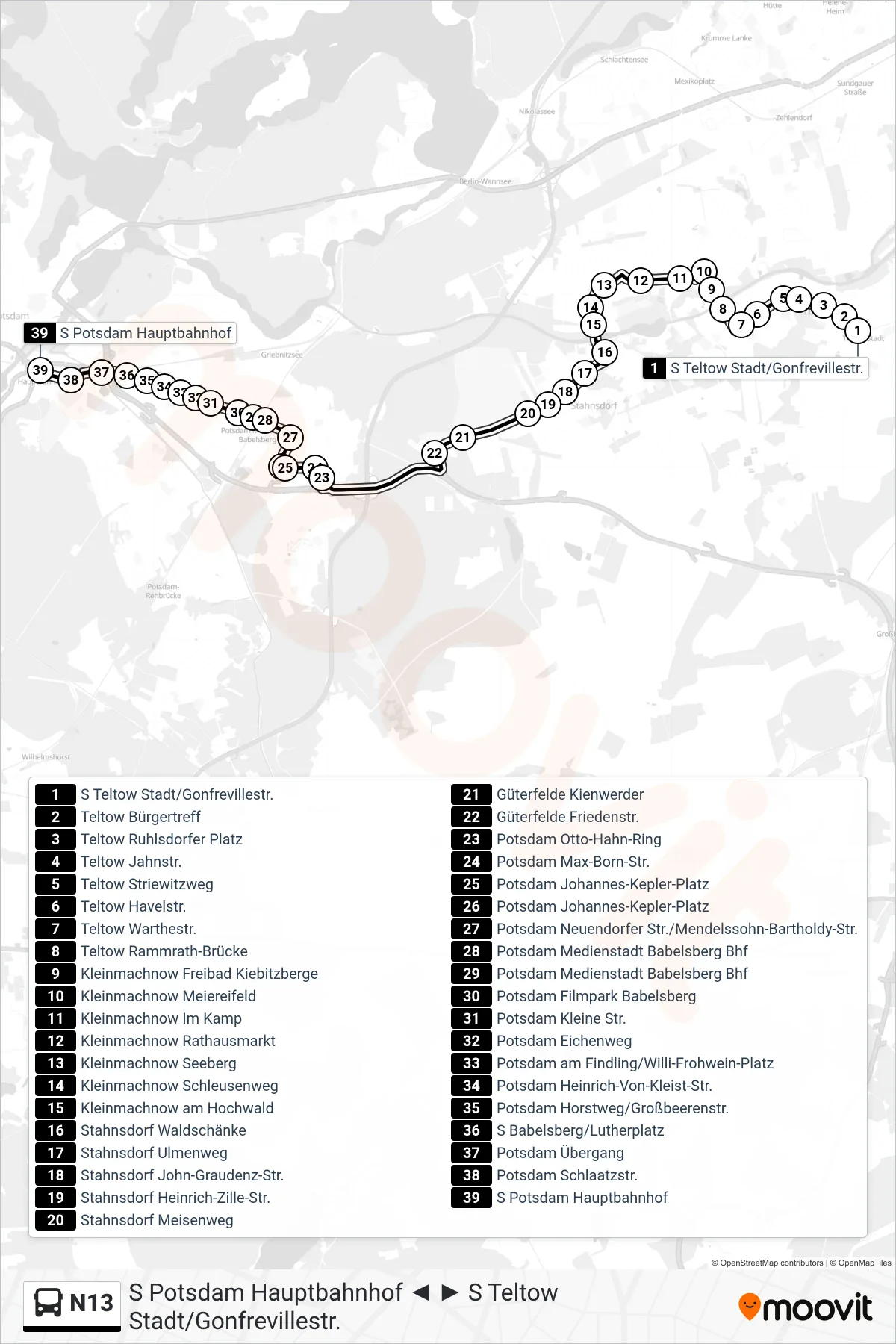 Linie N13 (Bus) Richtung S Potsdam Hauptbahnhof: Route und Haltestellen auf der Karte