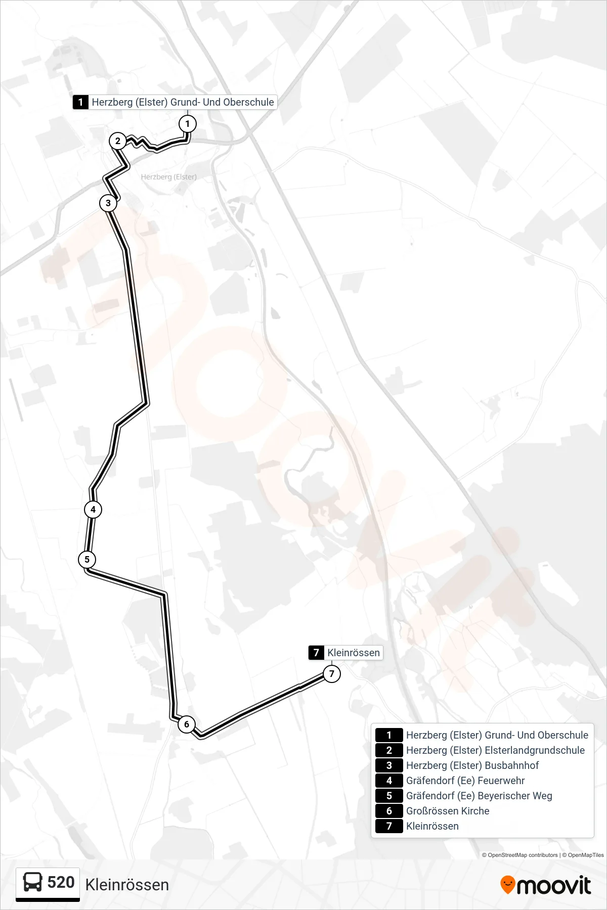 520 bus Line (Kleinrössen) route and stops on a map