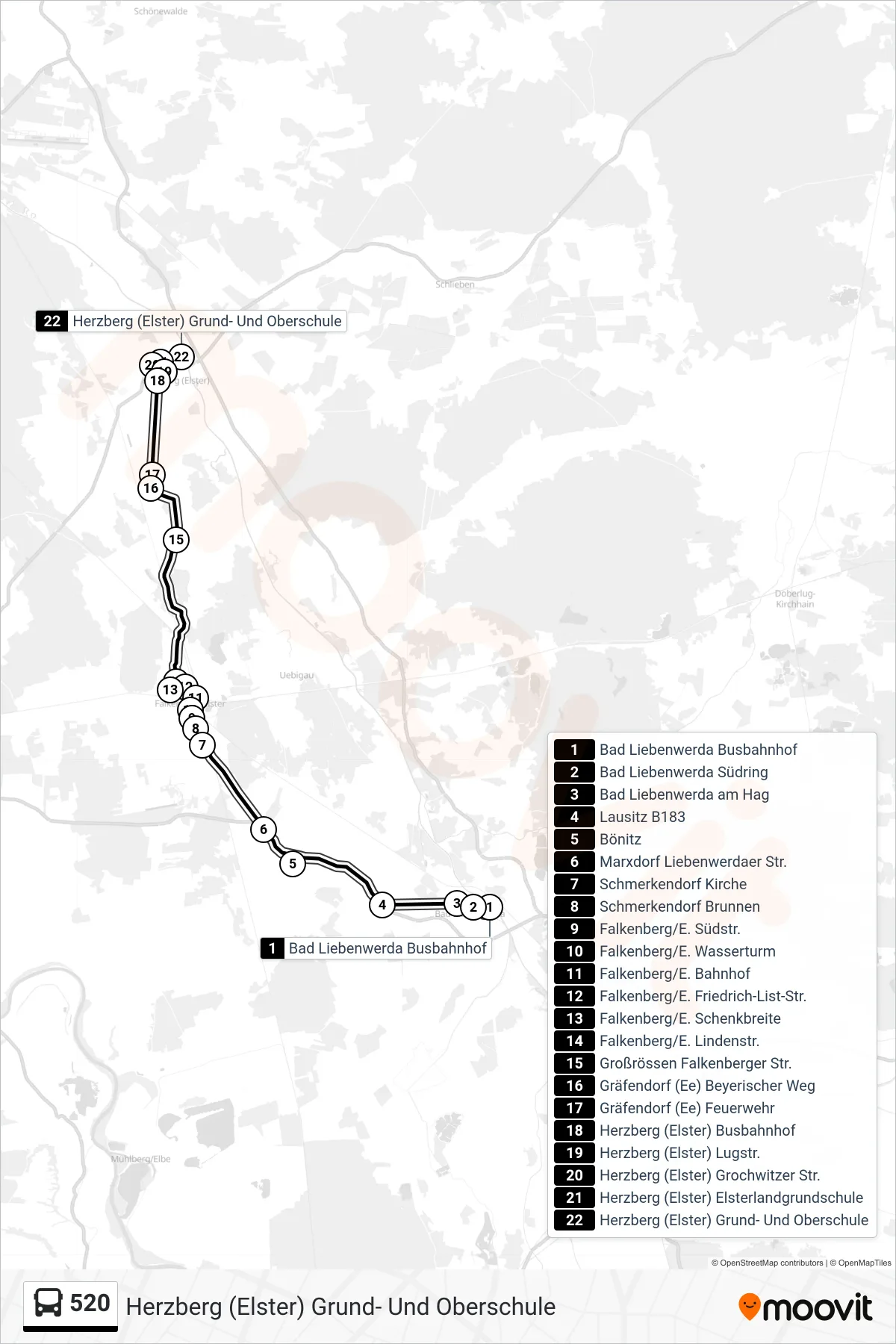Linie 520 (Bus) Richtung Herzberg (Elster) Grund- Und Oberschule: Route und Haltestellen auf der Karte