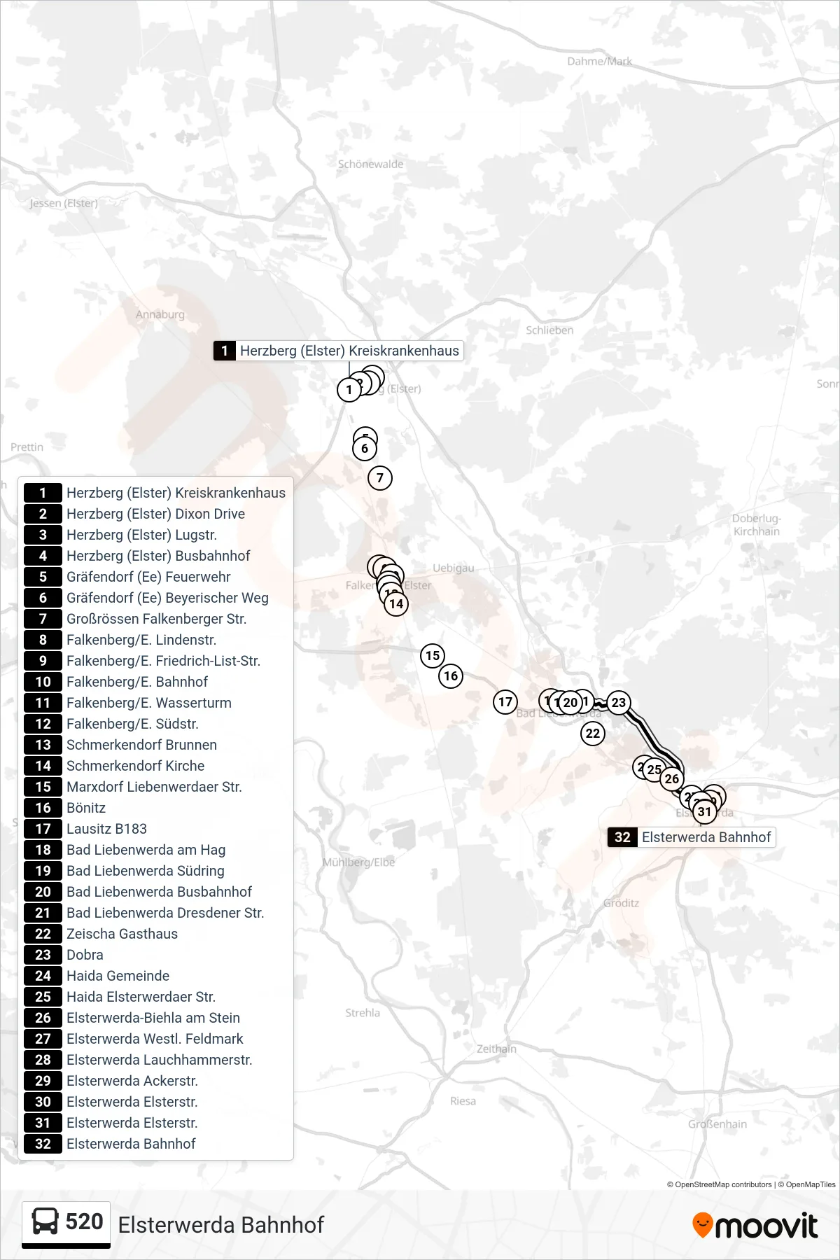Linie 520 (Bus) Richtung Elsterwerda Bahnhof: Route und Haltestellen auf der Karte
