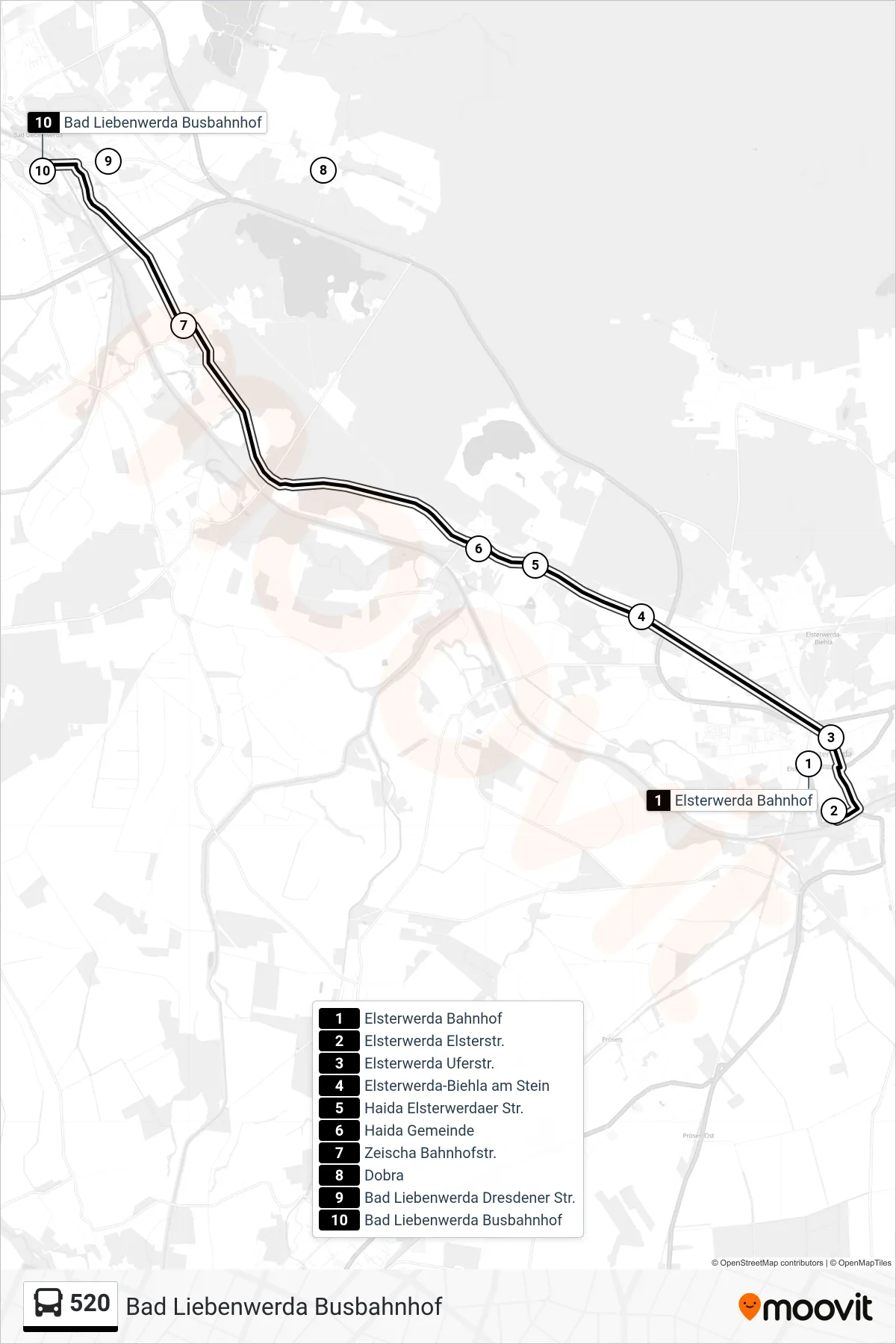 Linie 520 (Bus) Richtung Bad Liebenwerda Busbahnhof: Route und Haltestellen auf der Karte