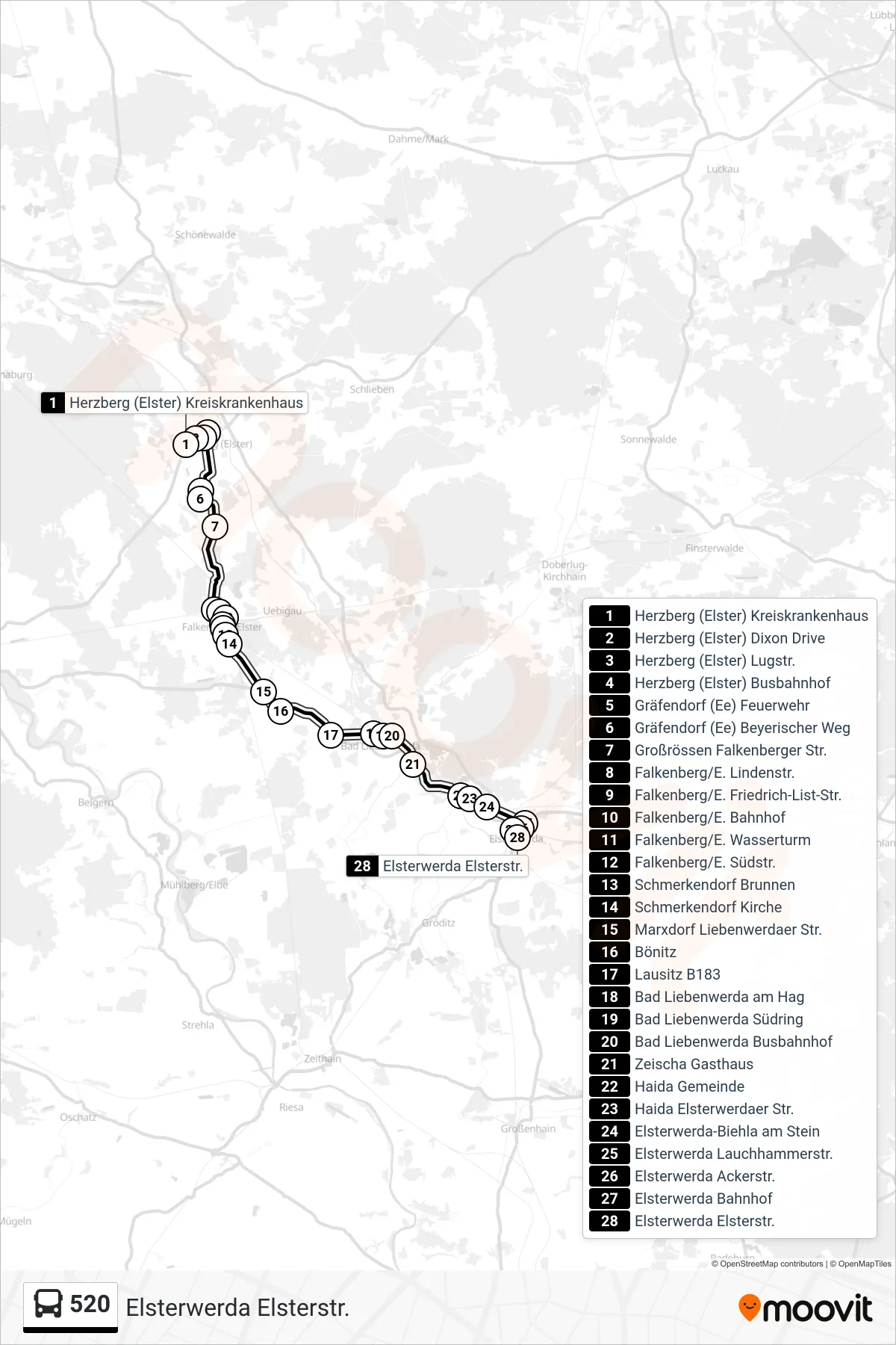 520 bus Line (Elsterwerda Elsterstr.) route and stops on a map