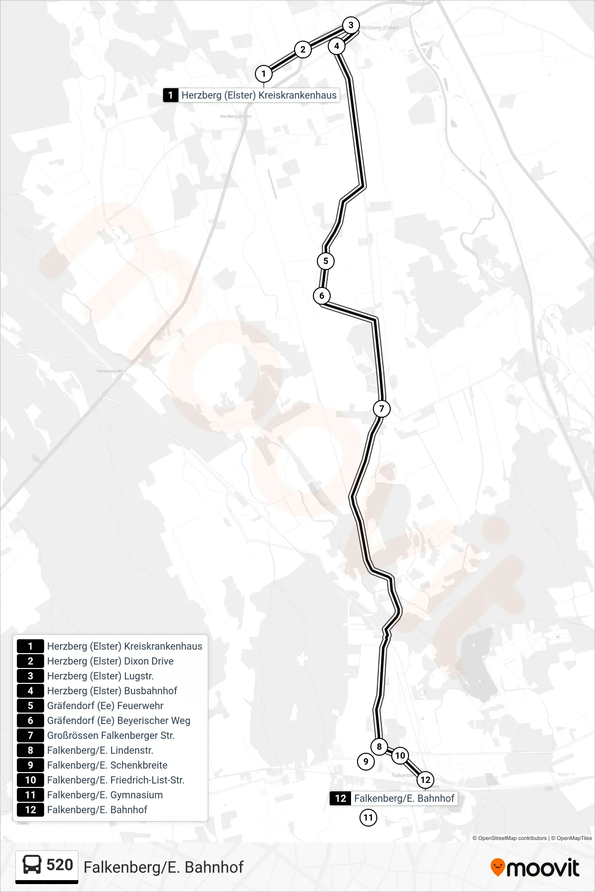 520 bus Line (Falkenberg/E. Bahnhof) route and stops on a map