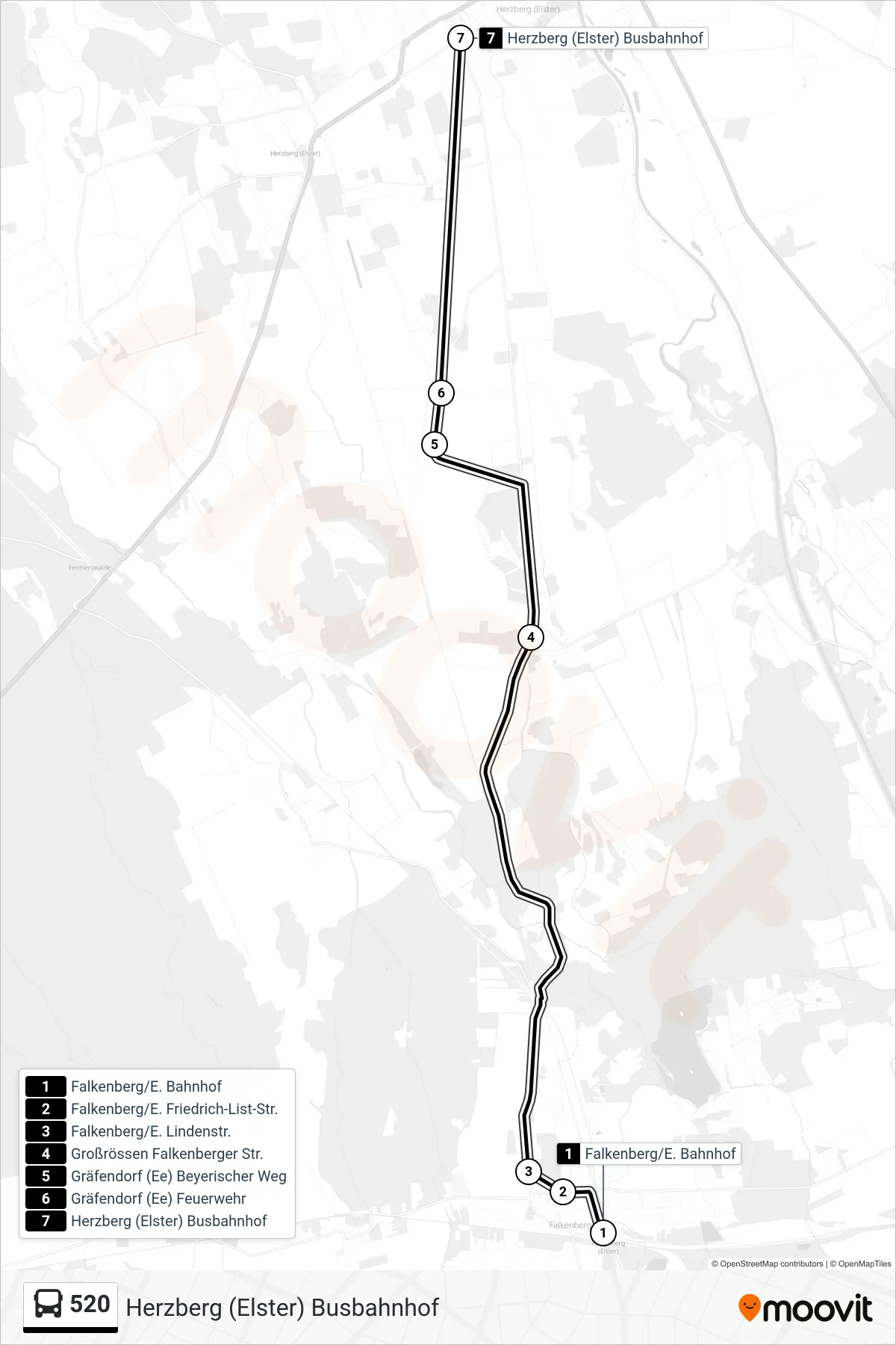 Linie 520 (Bus) Richtung Herzberg (Elster) Busbahnhof: Route und Haltestellen auf der Karte