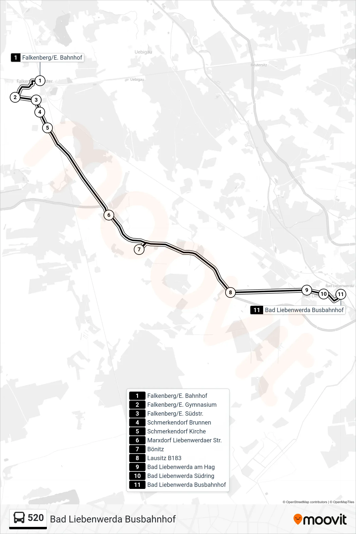 Linie 520 (Bus) Richtung Bad Liebenwerda Busbahnhof: Route und Haltestellen auf der Karte