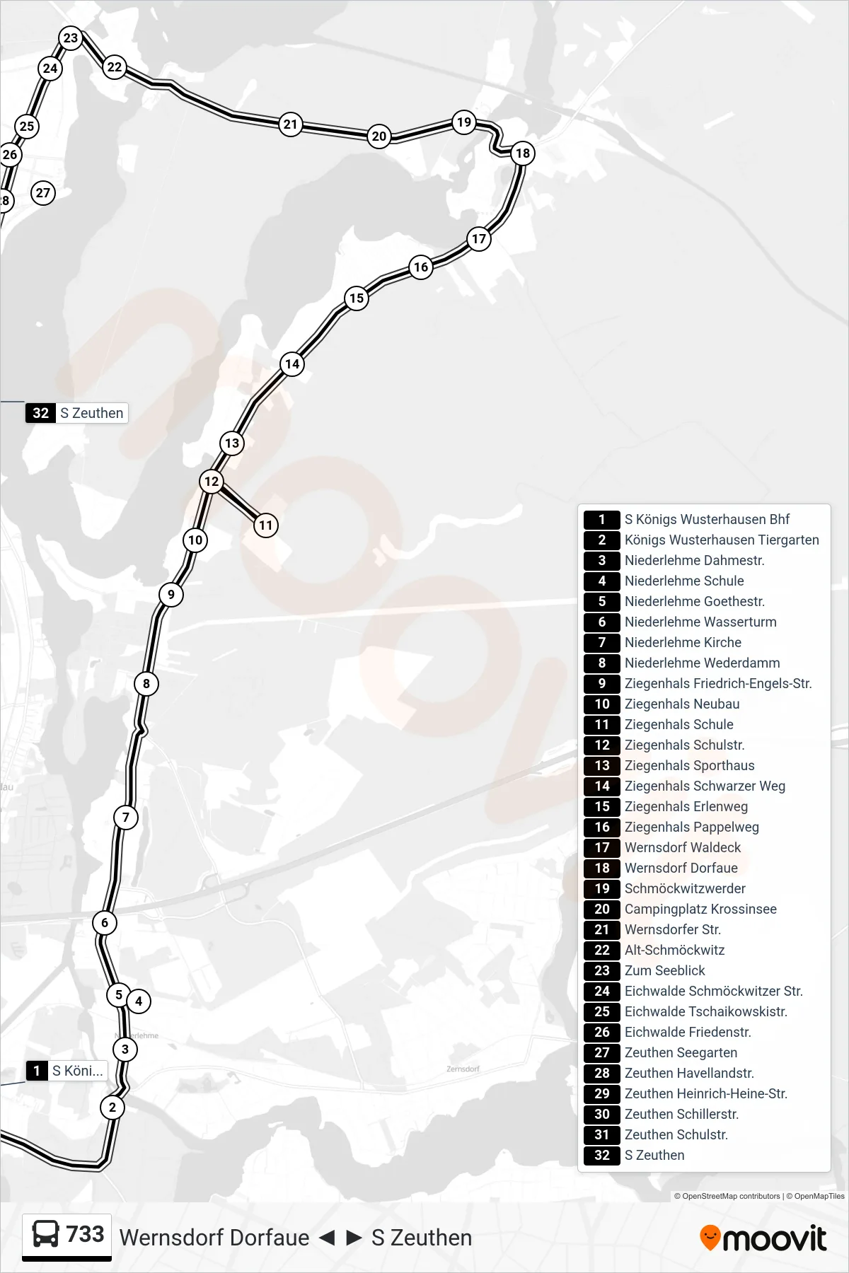 Linie 733 (Bus) Richtung S Zeuthen: Route und Haltestellen auf der Karte