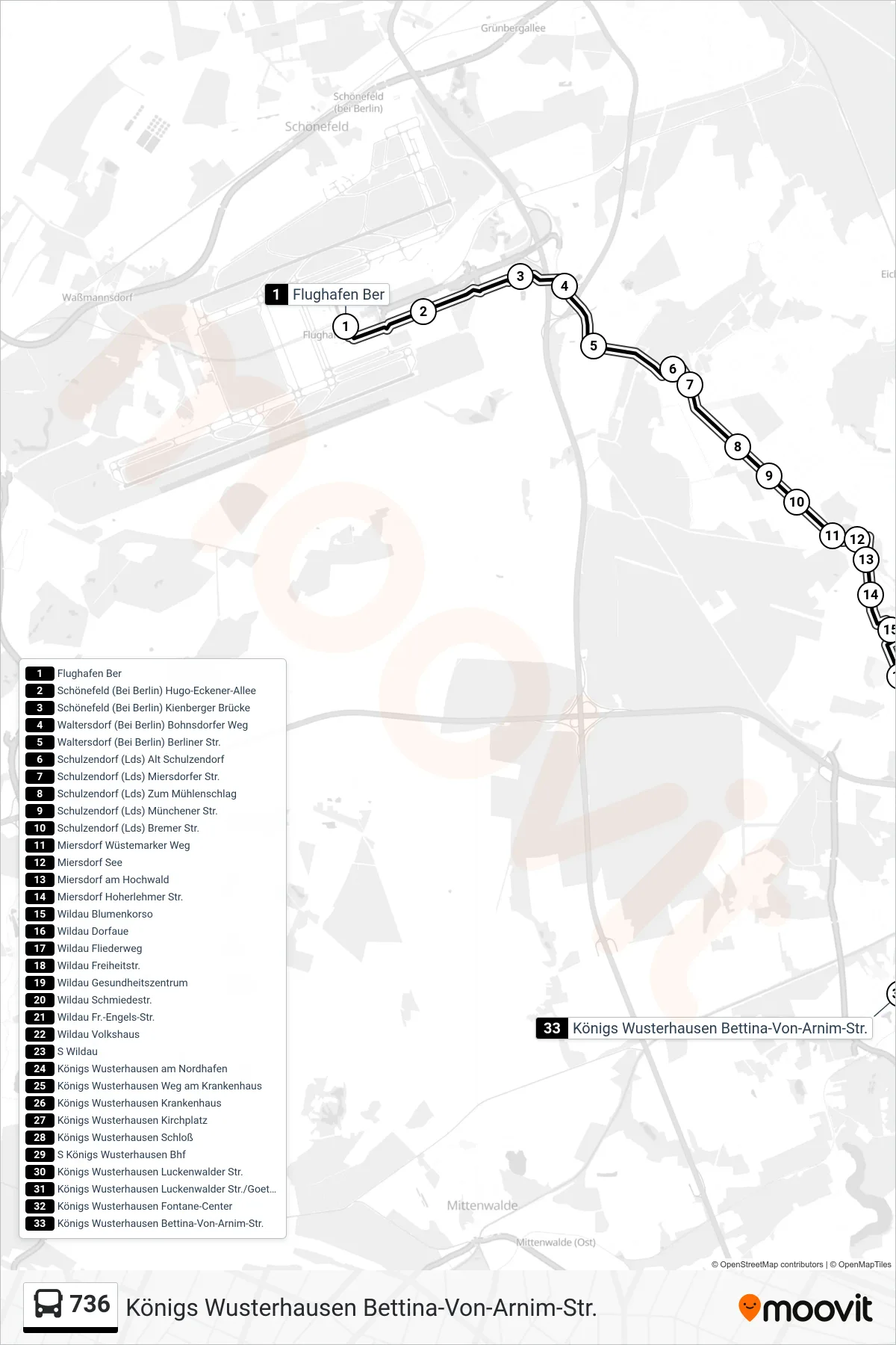 Linie 736 (Bus) Richtung Königs Wusterhausen Bettina-Von-Arnim-Str.: Route und Haltestellen auf der Karte