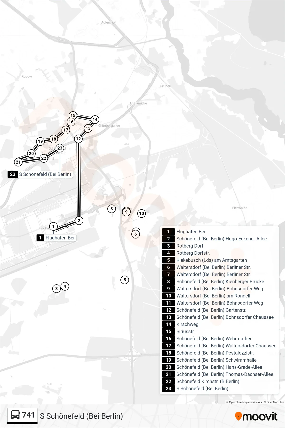 741 bus Line (S Schönefeld (Bei Berlin)) route and stops on a map