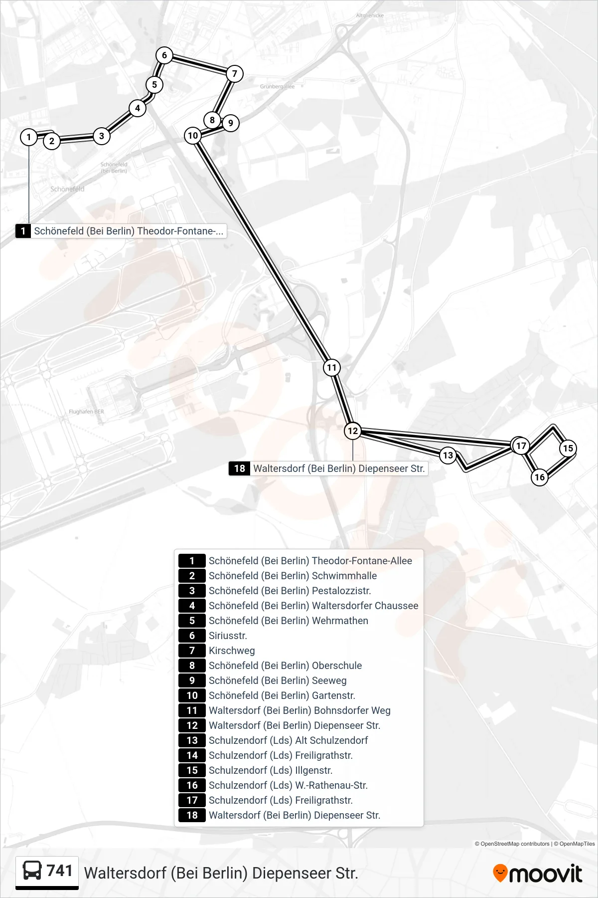 741 bus Line (Waltersdorf (Bei Berlin) Diepenseer Str.) route and stops on a map