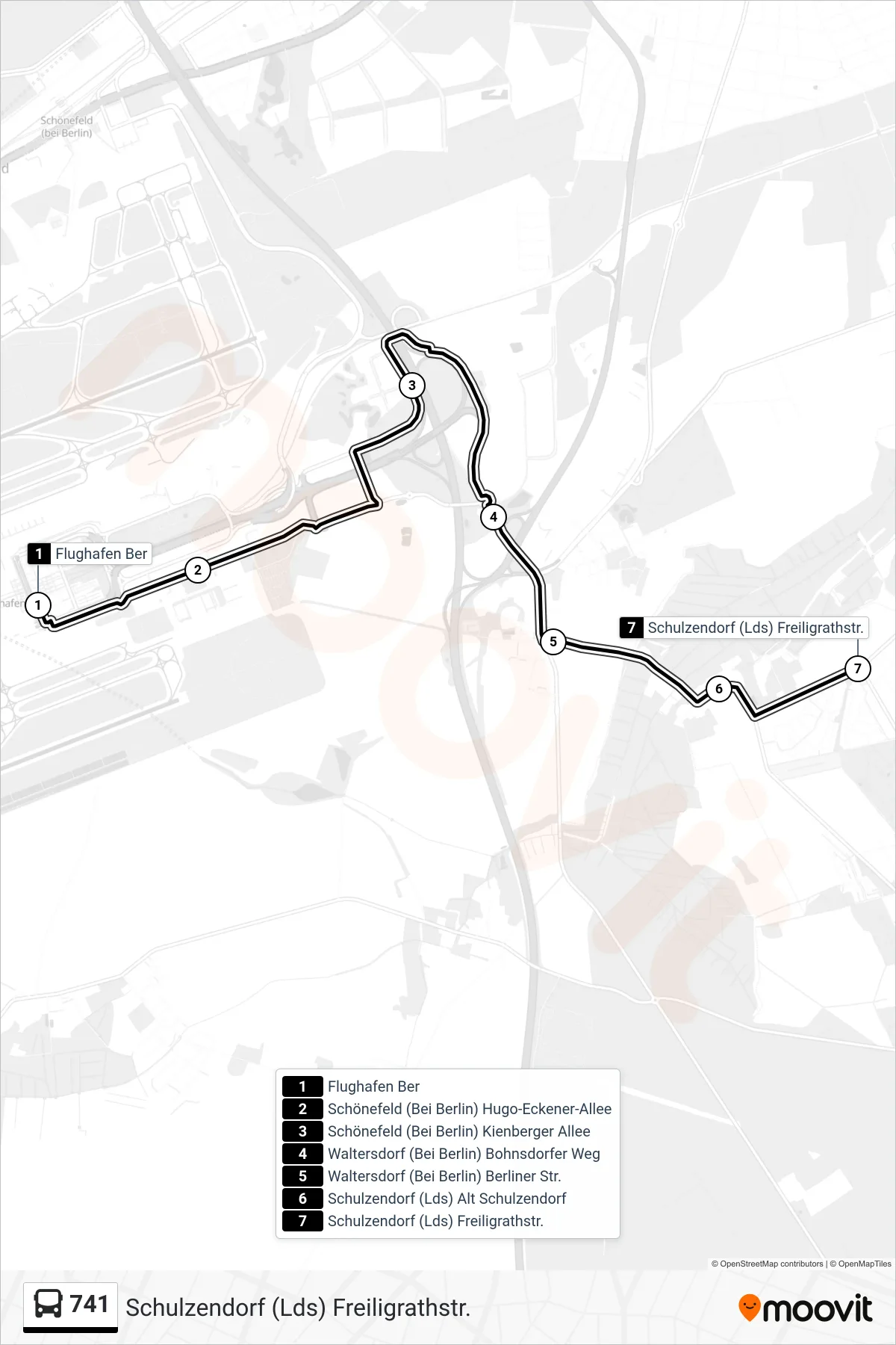 Linie 741 (Bus) Richtung Schulzendorf (Lds) Freiligrathstr.: Route und Haltestellen auf der Karte