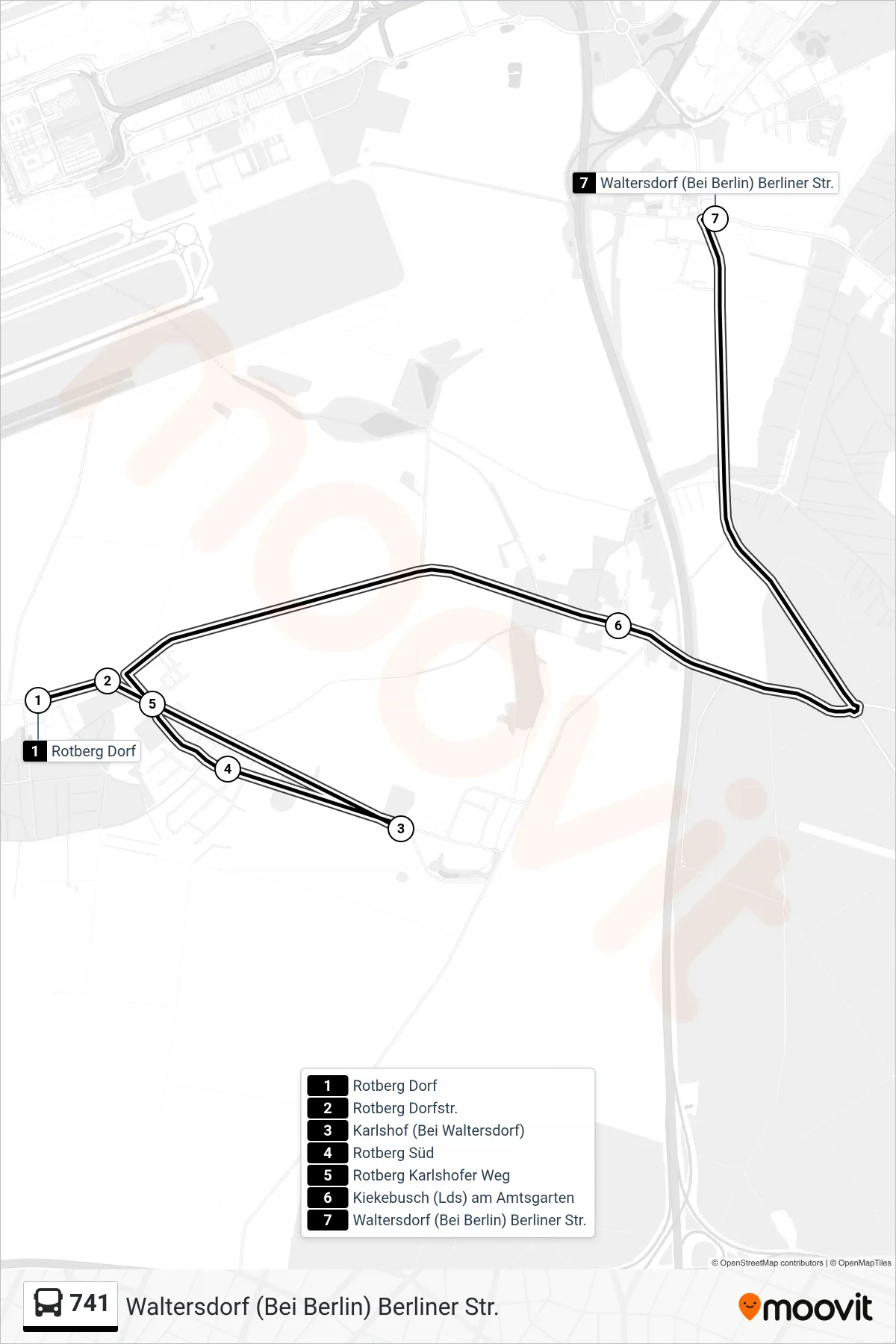 741 bus Line (Waltersdorf (Bei Berlin) Berliner Str.) route and stops on a map