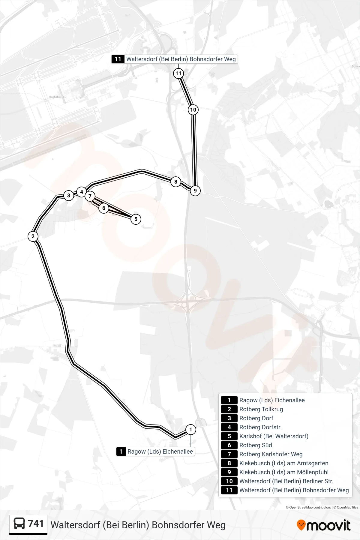 Linie 741 (Bus) Richtung Waltersdorf (Bei Berlin) Bohnsdorfer Weg: Route und Haltestellen auf der Karte