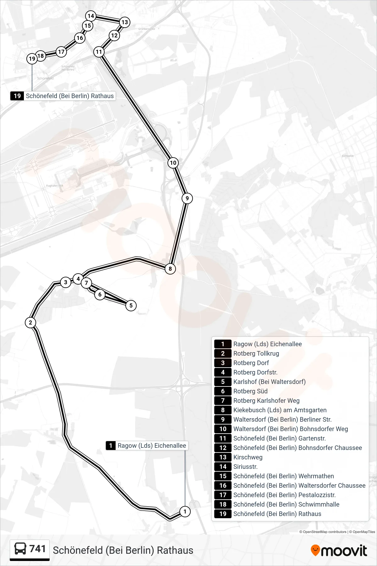 Linie 741 (Bus) Richtung Schönefeld (Bei Berlin) Rathaus: Route und Haltestellen auf der Karte