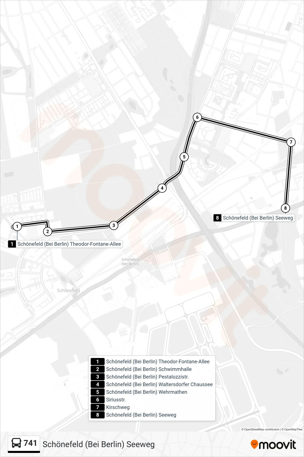 Linie 741 (Bus) Richtung Schönefeld (Bei Berlin) Seeweg: Route und Haltestellen auf der Karte