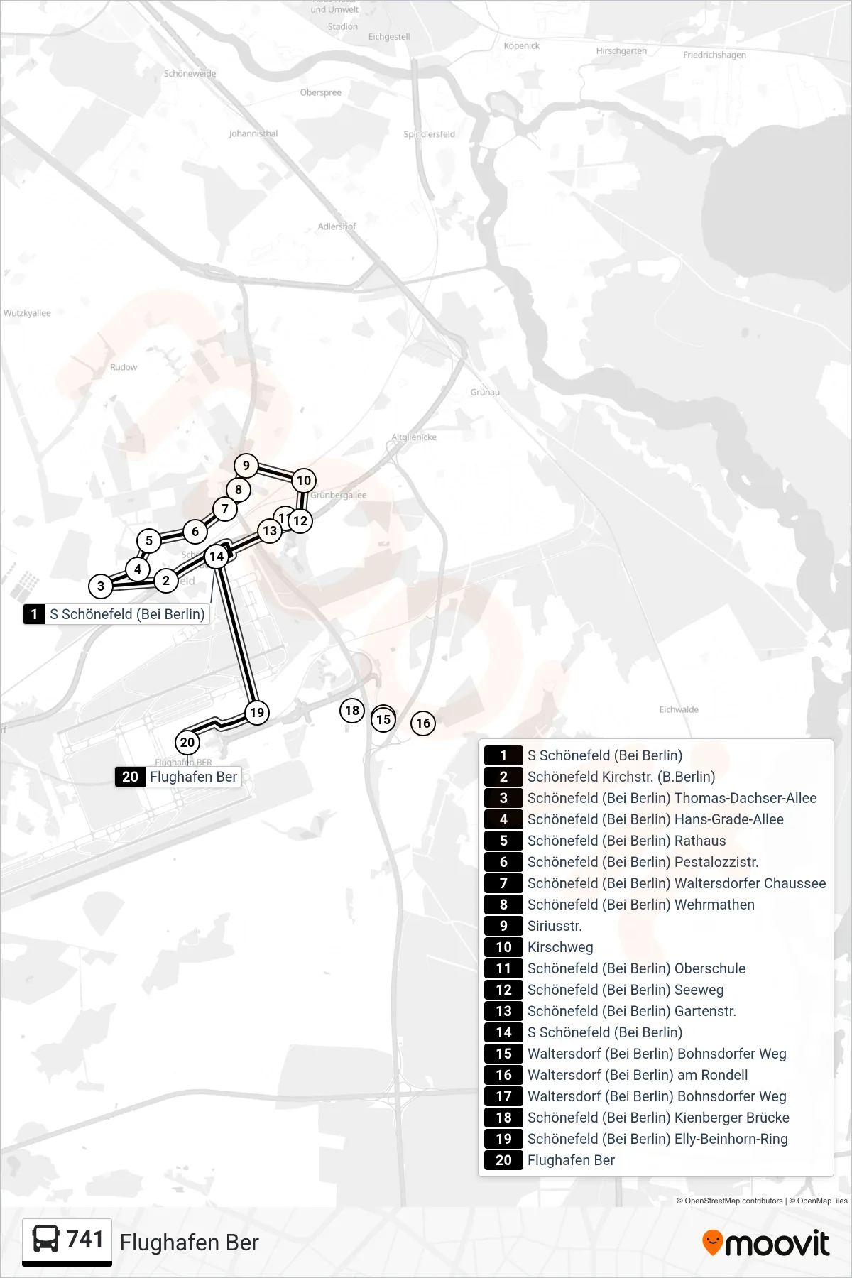 741 bus Line (Flughafen Ber) route and stops on a map