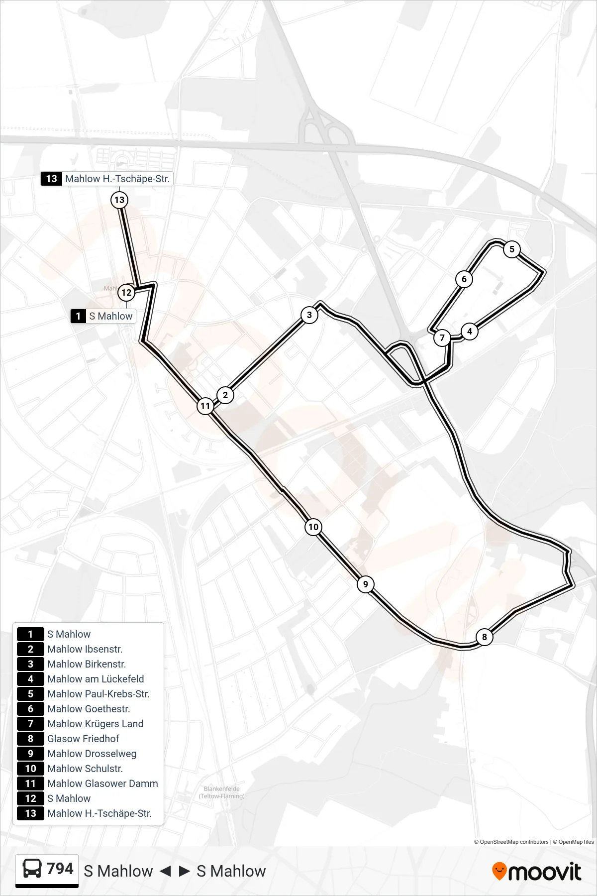 Linie 794 (Bus) Richtung Mahlow H.-Tschäpe-Str.: Route und Haltestellen auf der Karte