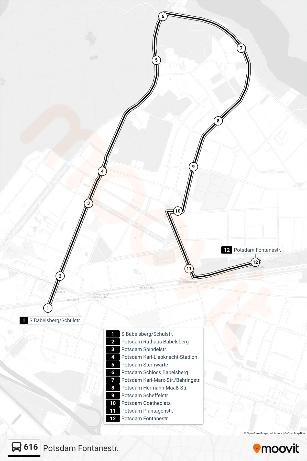 Linie 616 (Bus) Richtung Potsdam Fontanestr.: Route und Haltestellen auf der Karte