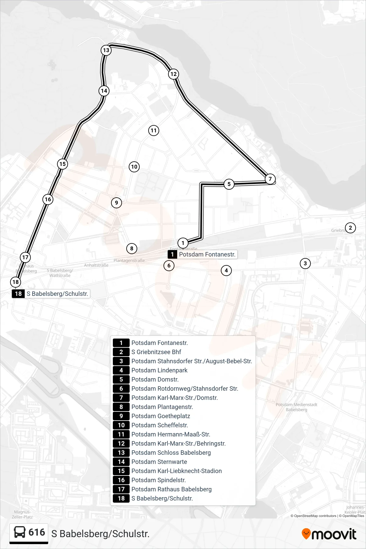Linie 616 (Bus) Richtung S Babelsberg/Schulstr.: Route und Haltestellen auf der Karte