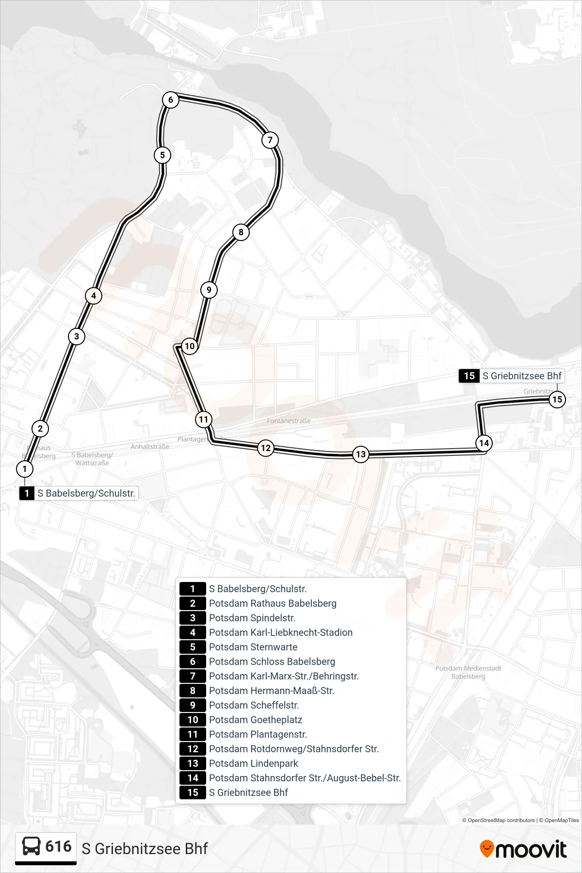 Linie 616 (Bus) Richtung S Griebnitzsee Bhf: Route und Haltestellen auf der Karte